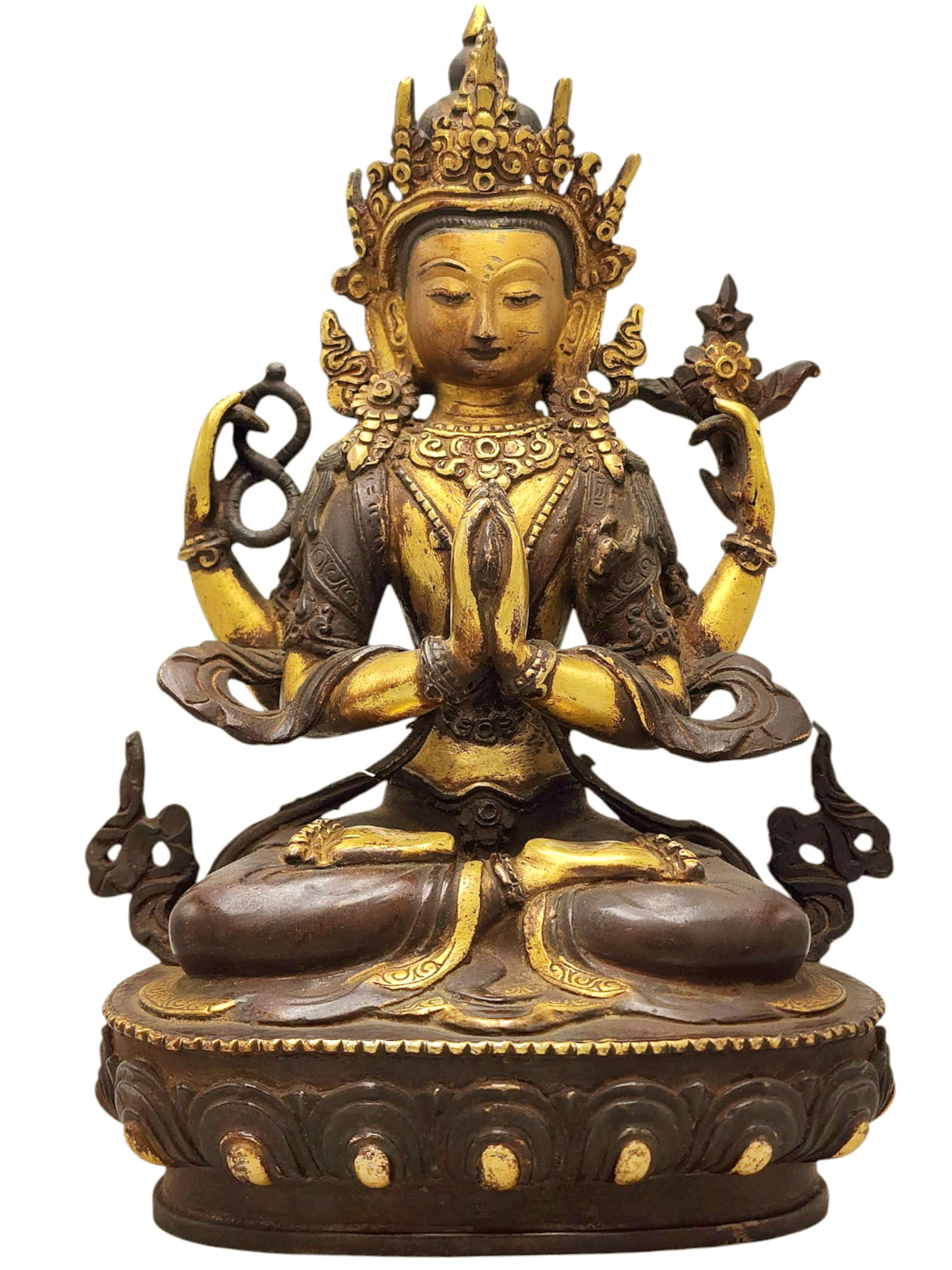 [old Stock] [chenrezig], Buddist Handmade Statue,  [partly Gold Plated], [antique Finishing], [face Painted]