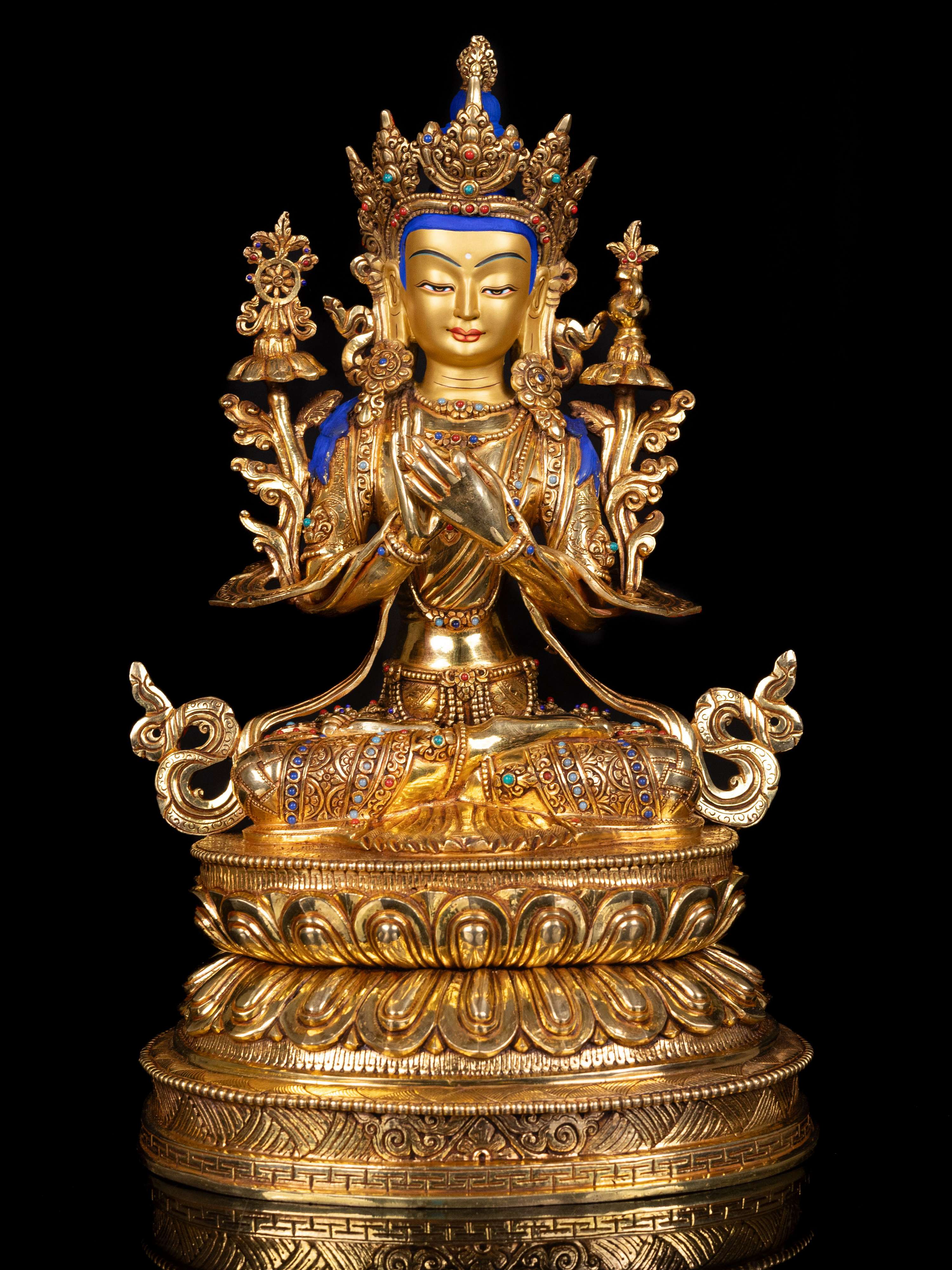 [maitreya Buddha] With Double Base,  Buddhist Handmade Statue, [full Gold Plated],[stone Setting], [face Painted]