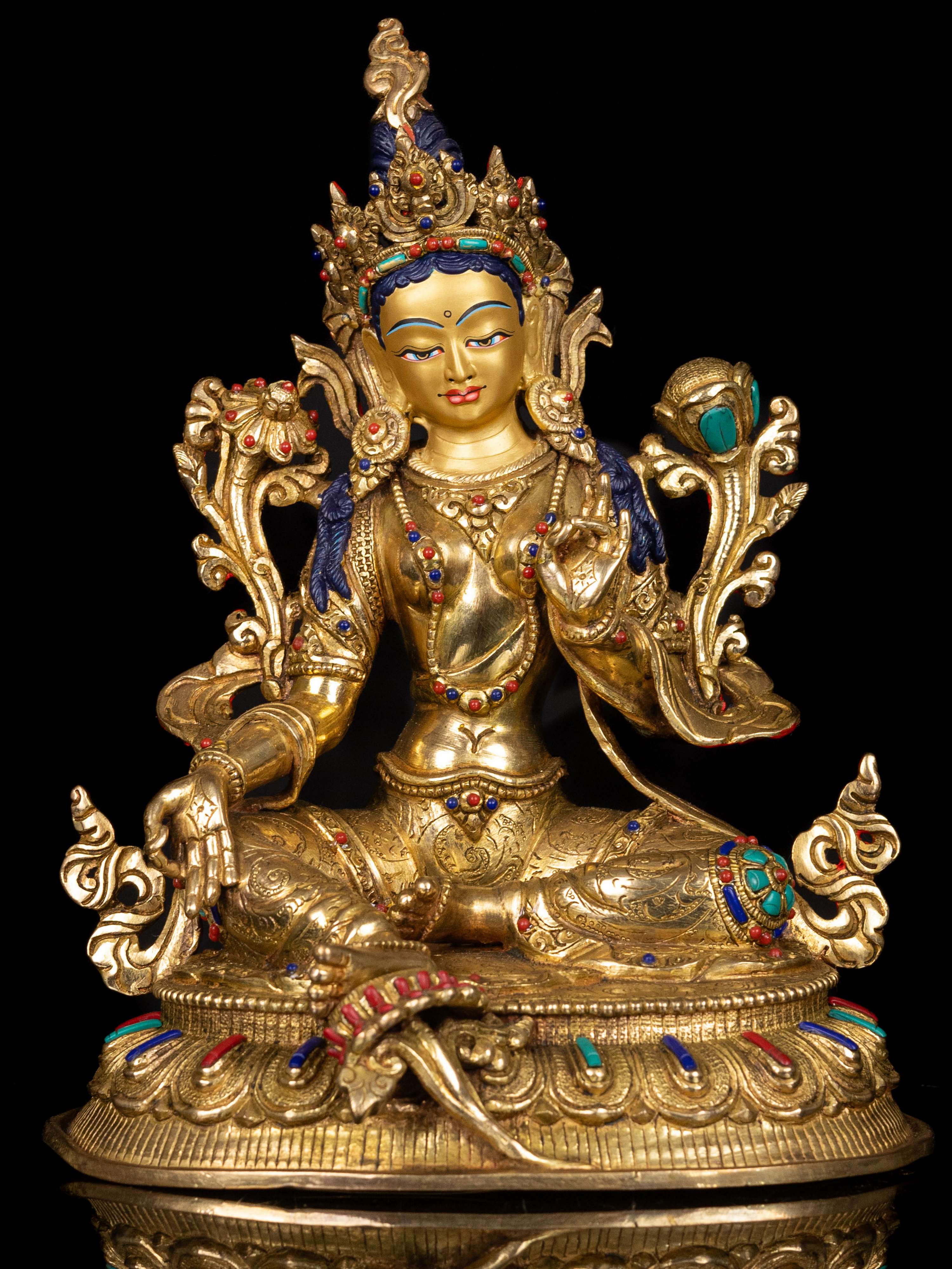 [green Tara] Buddhist Handmade Statue, [full Gold Plated],[stone Setting], [face Painted]
