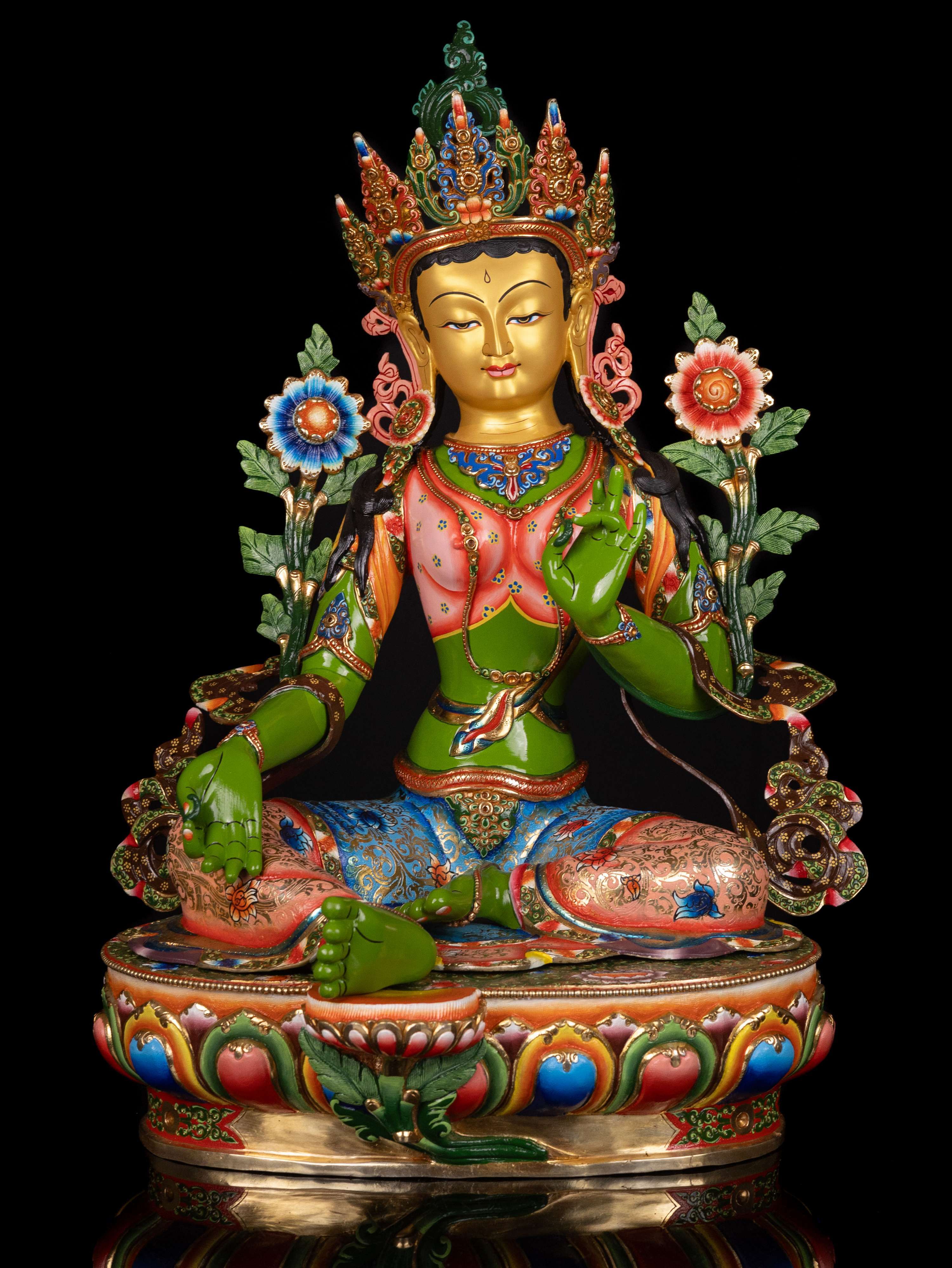 [green Tara] Buddhist Handmade Large Statue, [thangka Color Finishing], [face Painted]