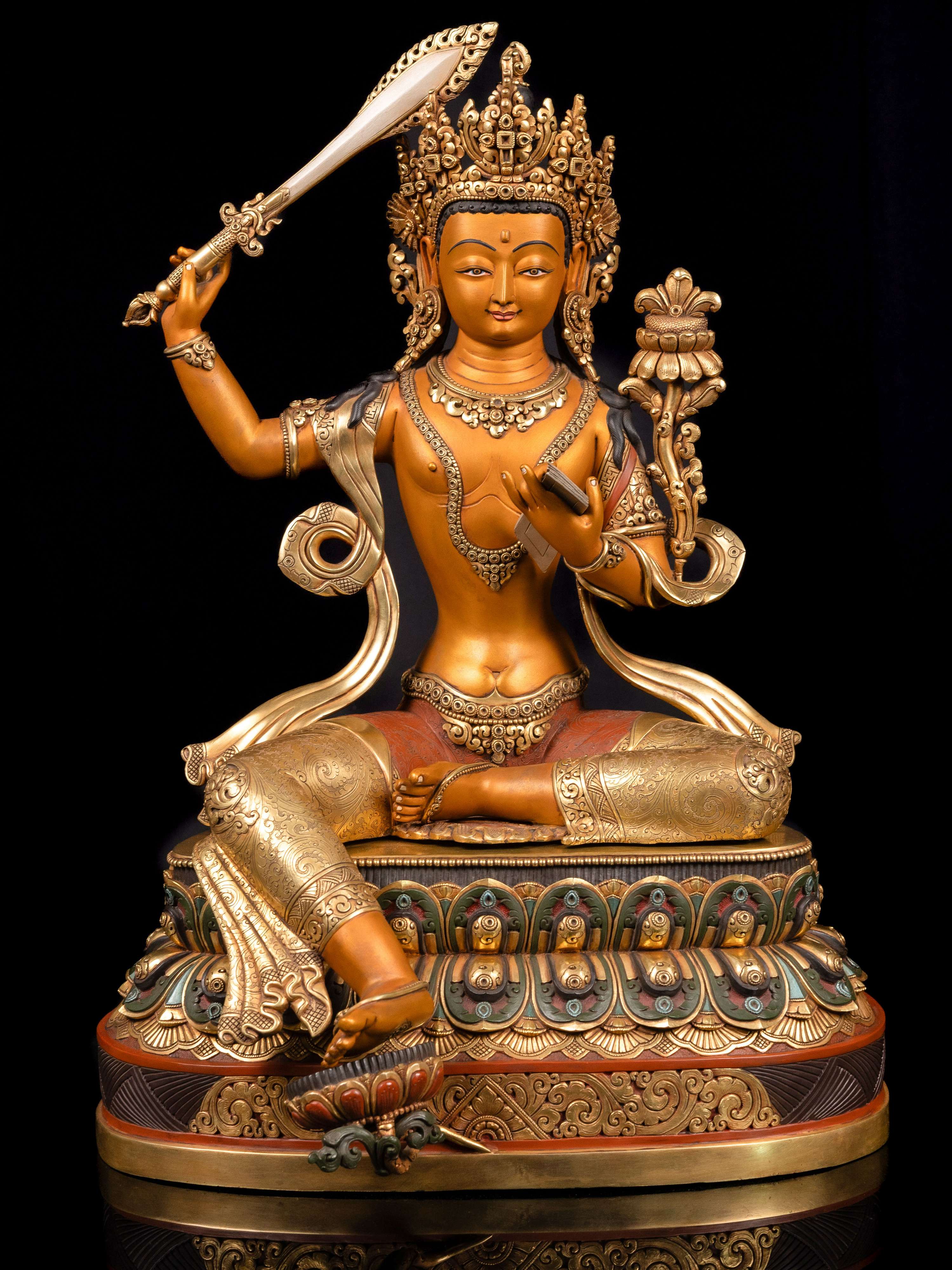 [manjushri] With Double Base, Buddhist Handmade Large Statue, [thangka Color Finishing], [partly Gold Plated], [face Painted]