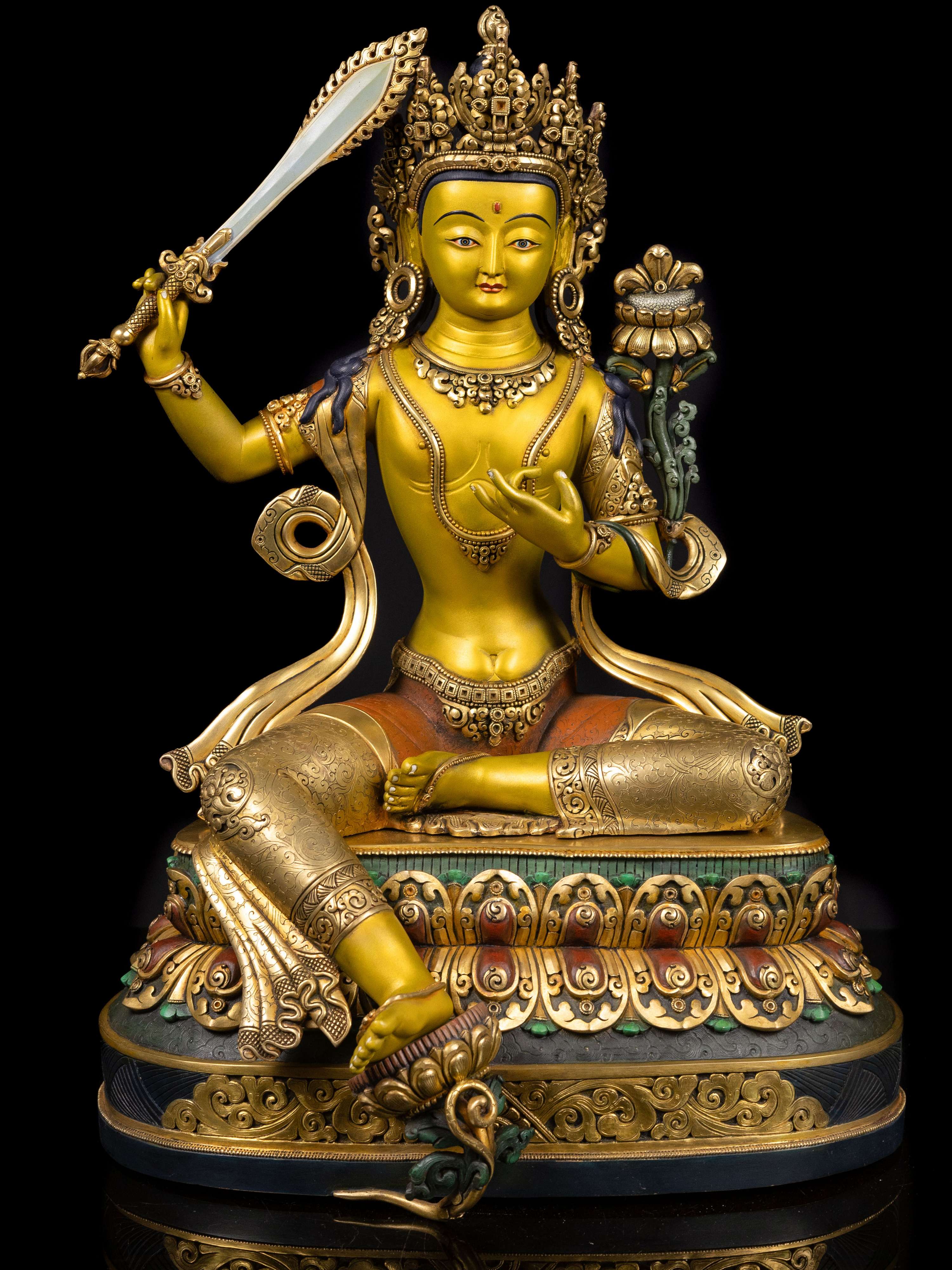 [manjushri] With Double Base,  Buddhist Handmade Large Statue, [thangka Color Finishing], [partly Gold Plated], [face Painted]