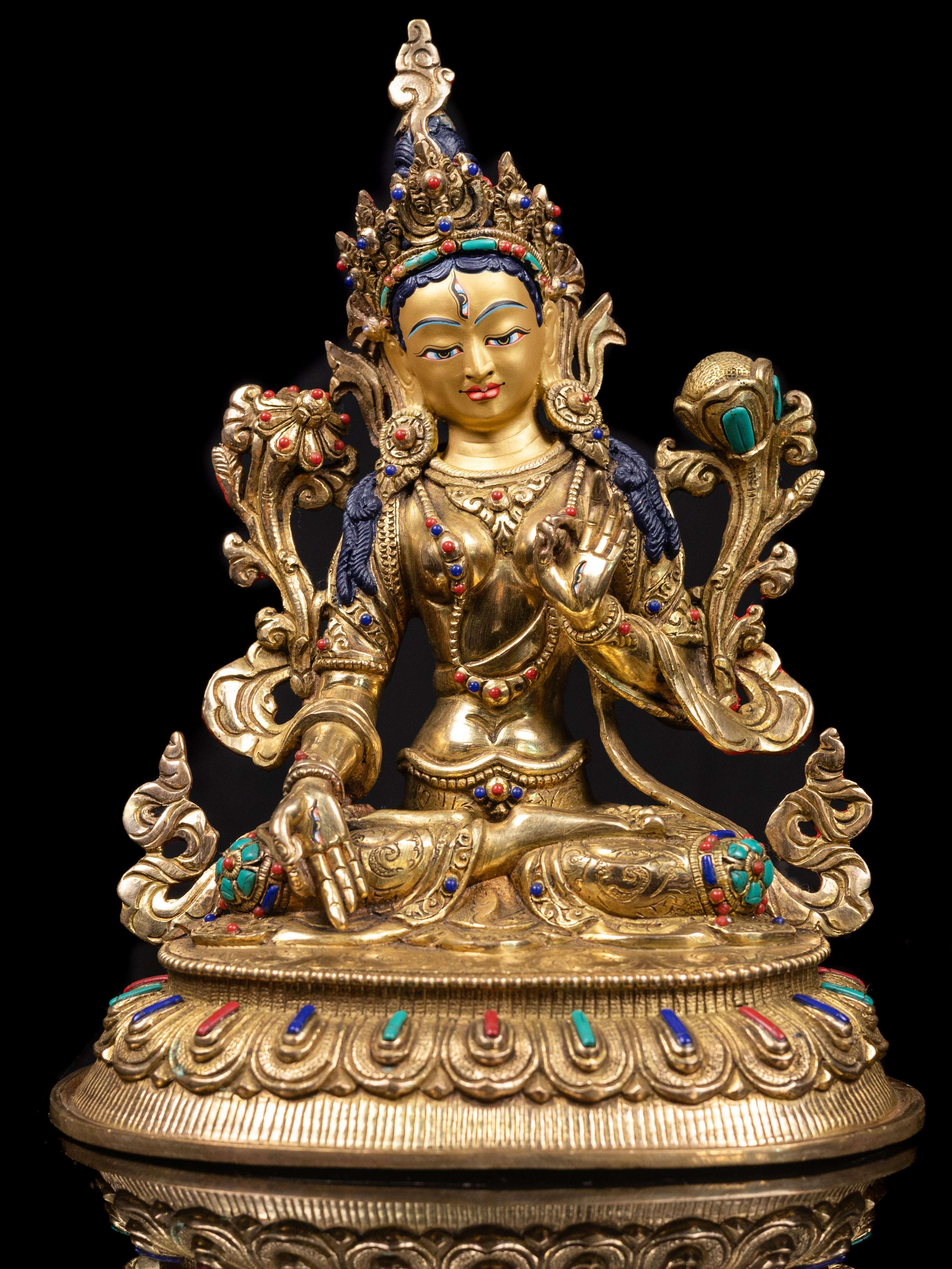 [white Tara] Buddhist Handmade Statue, [full Gold Plated],[stone Setting], [face Painted]