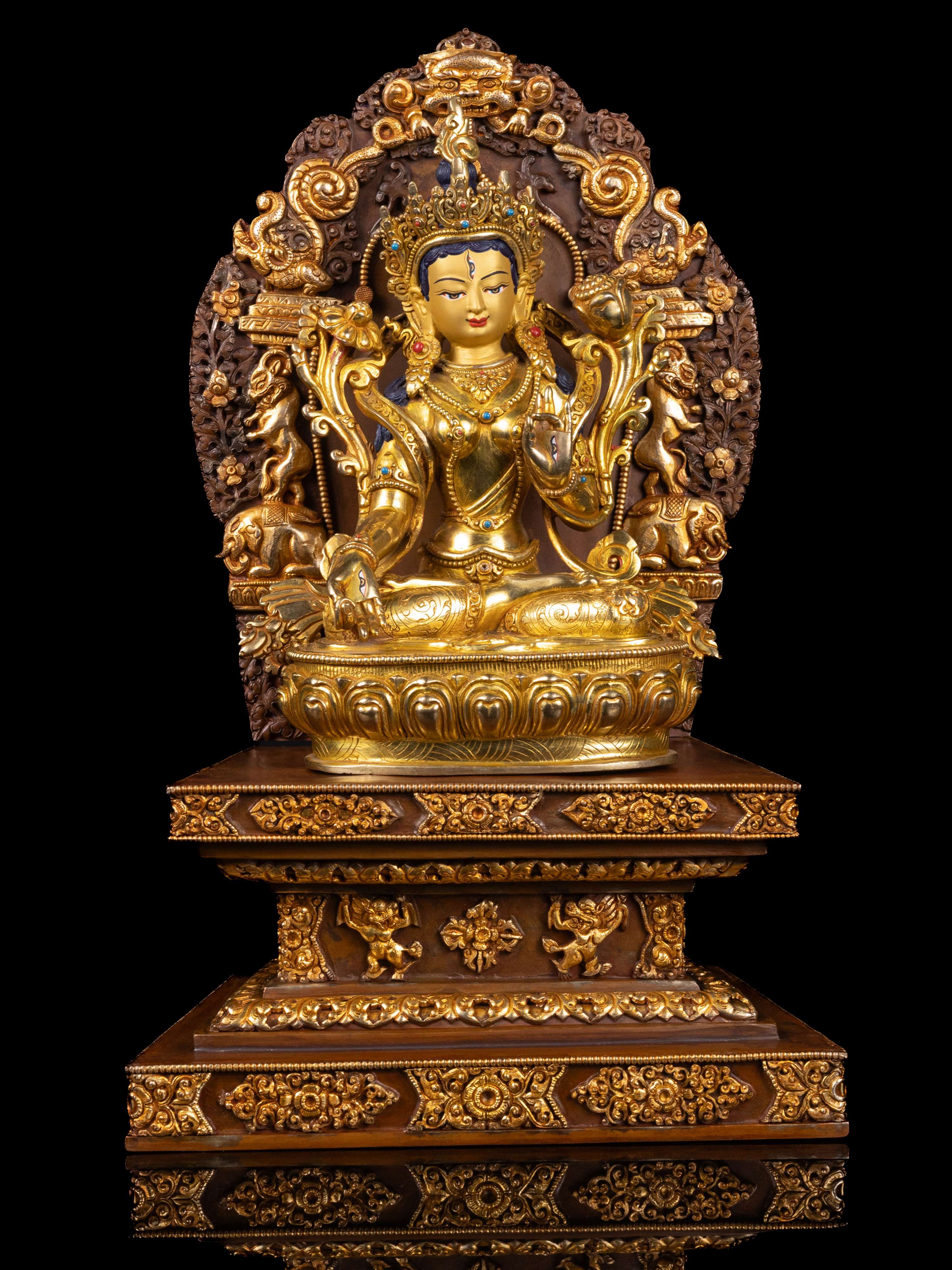 [white Tara] With Throne, Buddhist Handmade Statue, [full Gold Plated],[stone Setting], [face Painted]