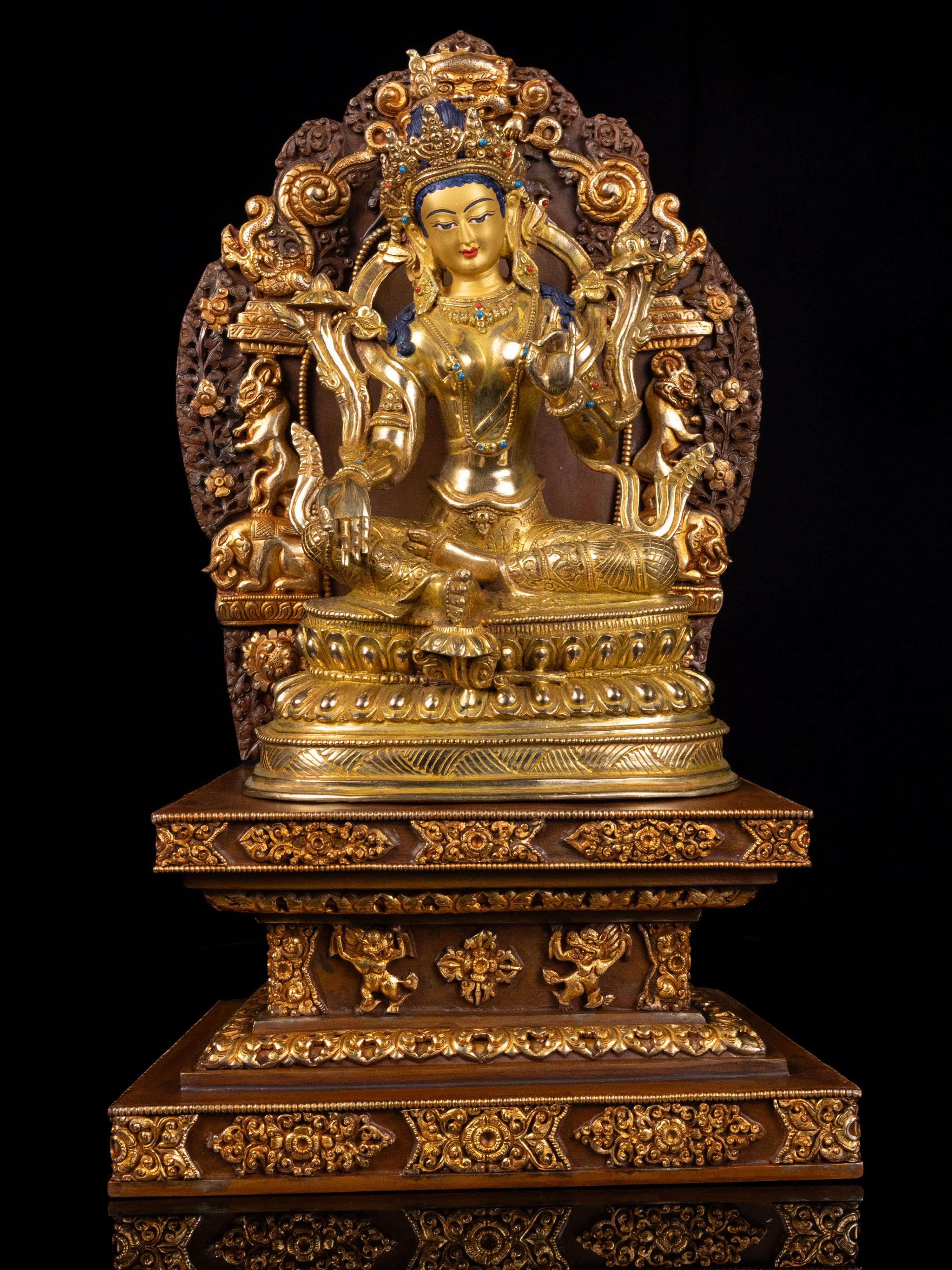 [green Tara] With Throne, Buddhist Handmade Statue, [full Gold Plated],[stone Setting], [face Painted]