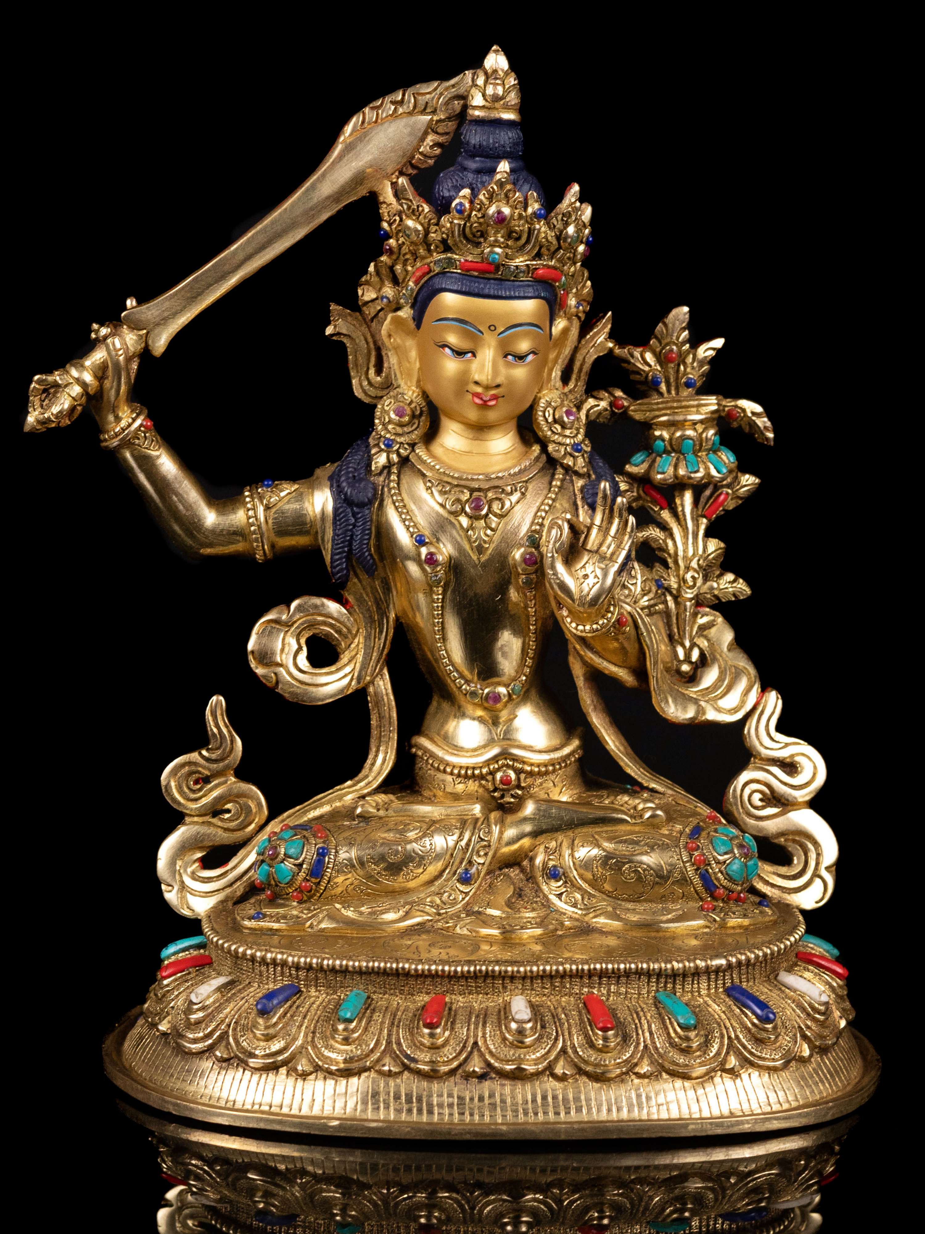 [manjushri] Buddhist Handmade Statue, [full Gold Plated],[stone Setting], [face Painted]