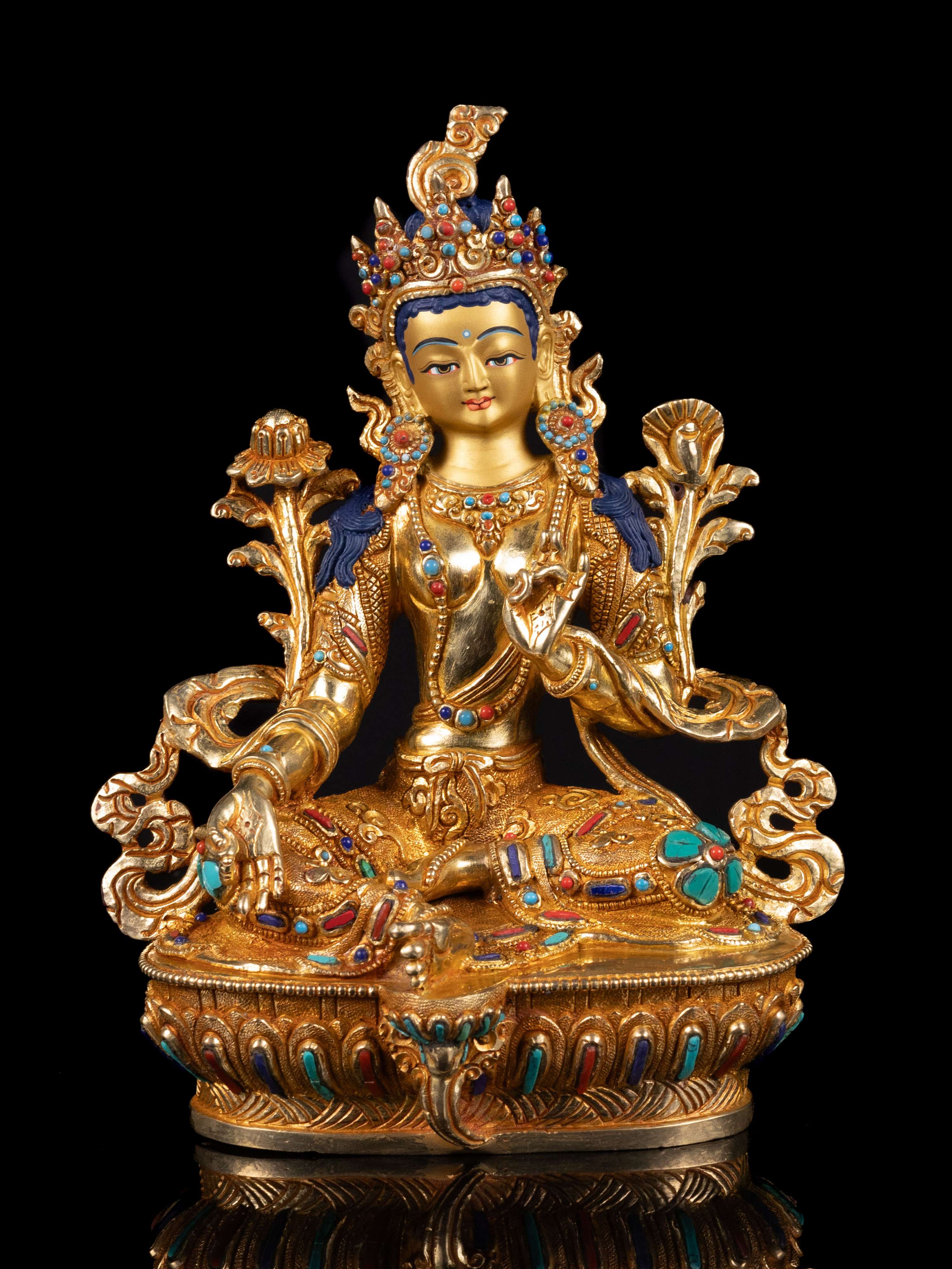 [green Tara] Buddhist Handmade Statue, [full Gold Plated],[stone Setting], [face Painted]