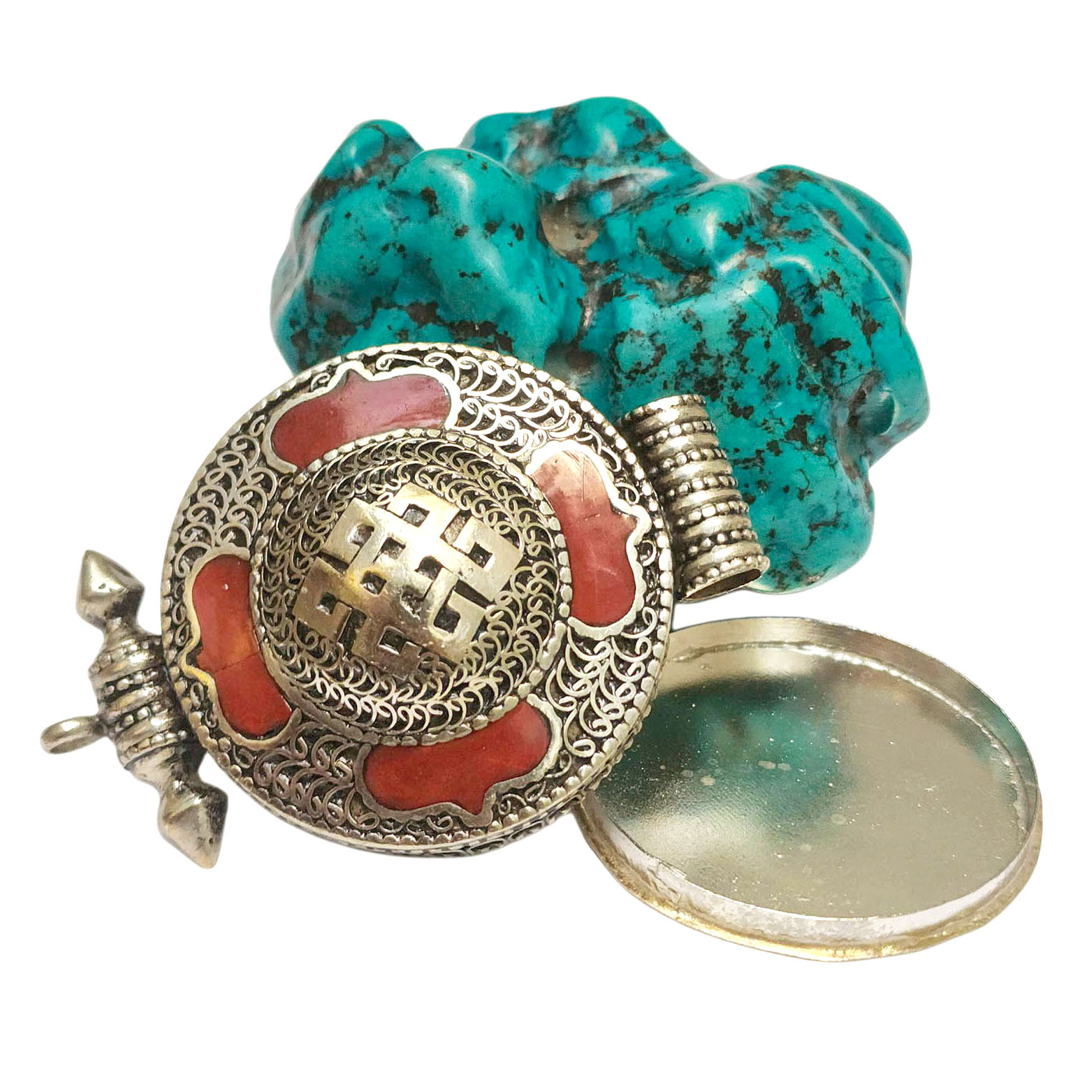 [ghau], Tibetan Box With [endless Knot], [stone Setting], [coral]