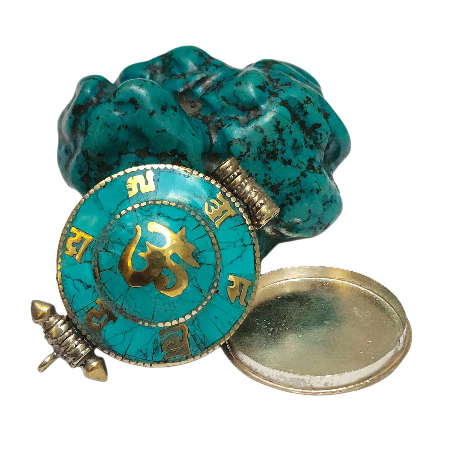 [ghau], Tibetan Box With Omph Design And Om In Center, [stone Setting], [turquoise]