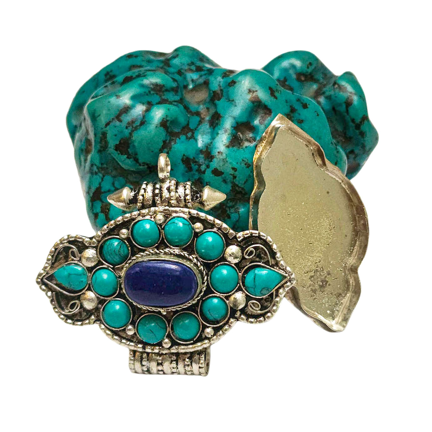 [ghau], Tibetan Box With [stone Setting], [lapis] In Center, [turquorise]