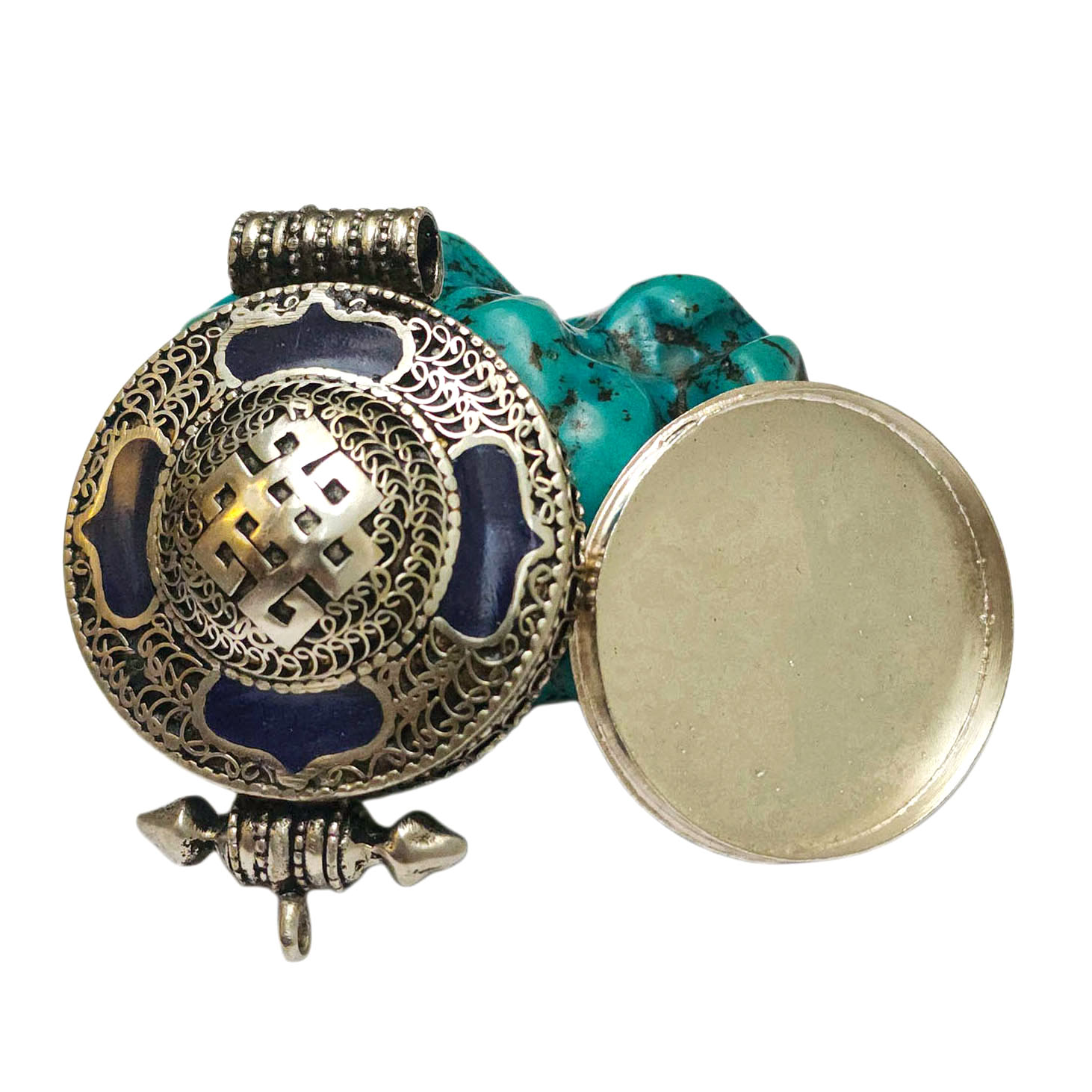 [ghau], Tibetan Box With [endless Knot] Design, [stone Setting], [lapis]