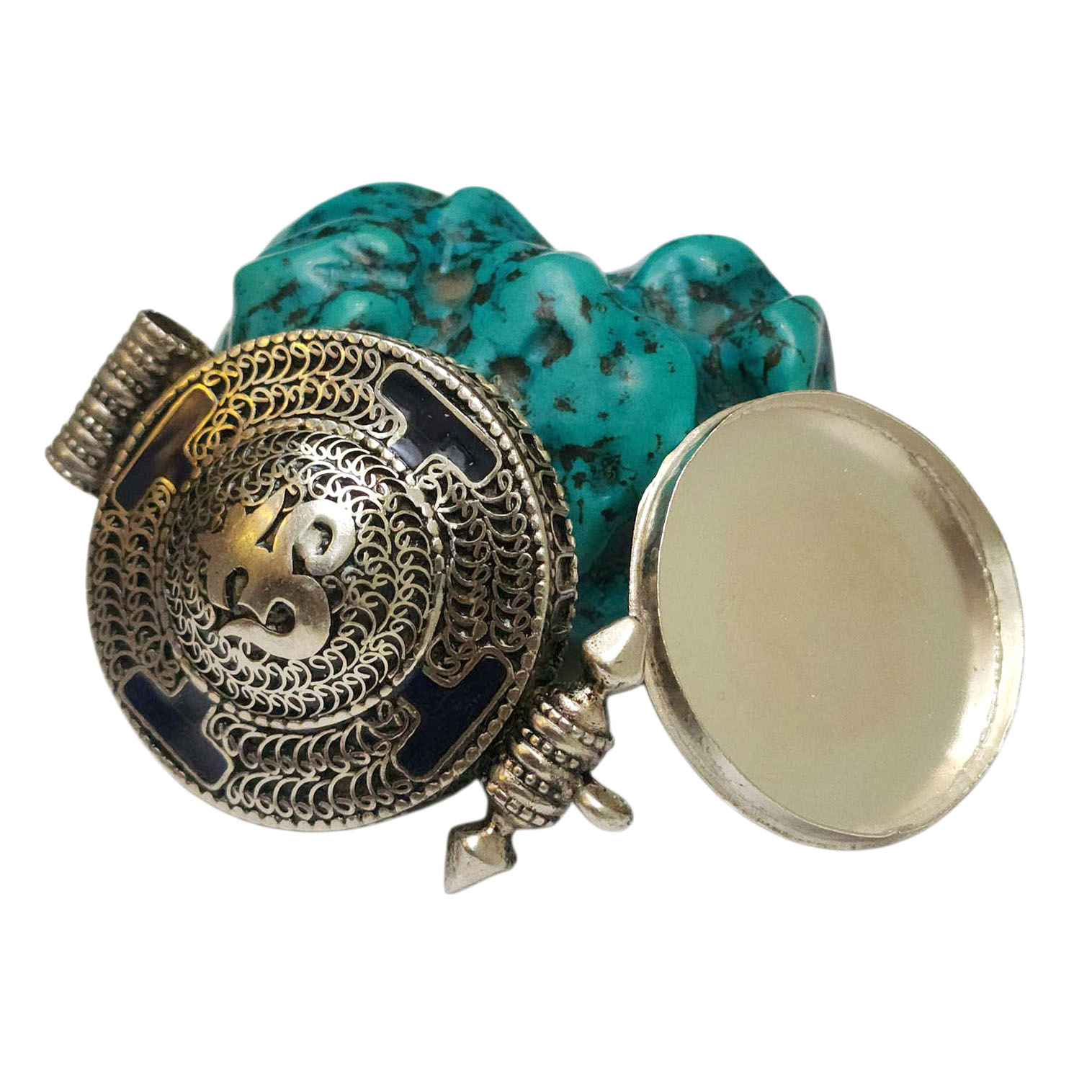 [ghau], Tibetan Box With [om Hindu], [stone Setting], [lapis]