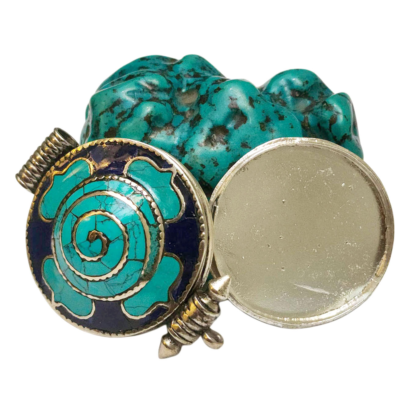 [ghau], Tibetan Box With [spiral] Design, [stone Setting], [turquoise], [lapis]