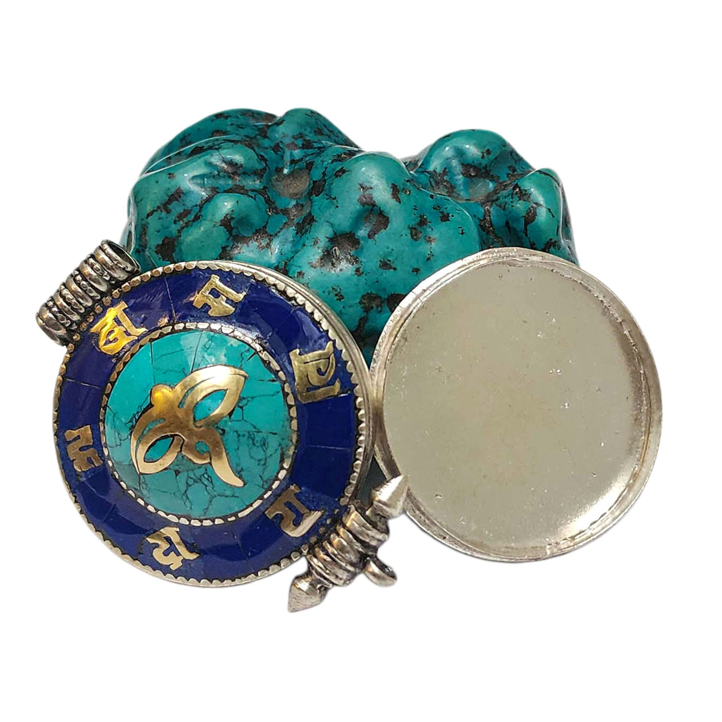 [ghau], Tibetan Box With Omph Design And, [buddha Eye] In Center, [stone Setting], [lapis], [turquoise]
