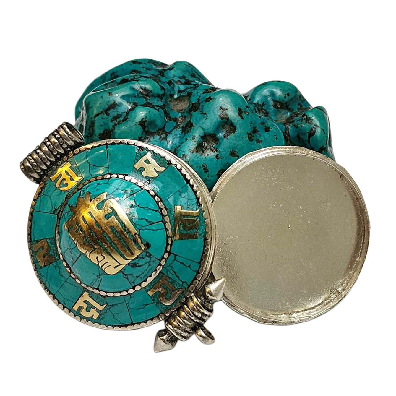 [ghau], Tibetan Box With Omph  Design And [kalachakra] In Center, [stone Setting], [turquoise]