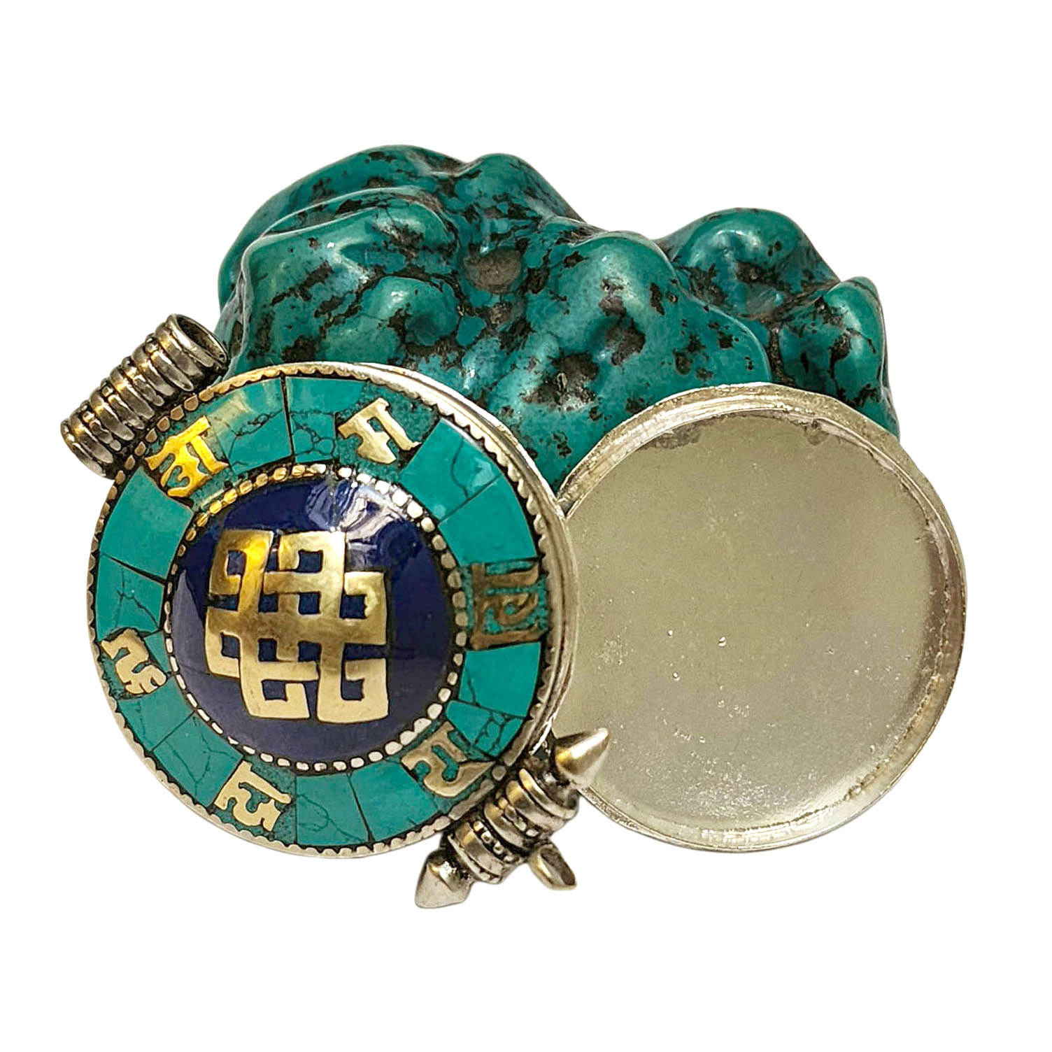 [ghau], Tibetan Box With Omph Design And [endless Knot] In Center, [stone Setting], [lapis], [turquoise]