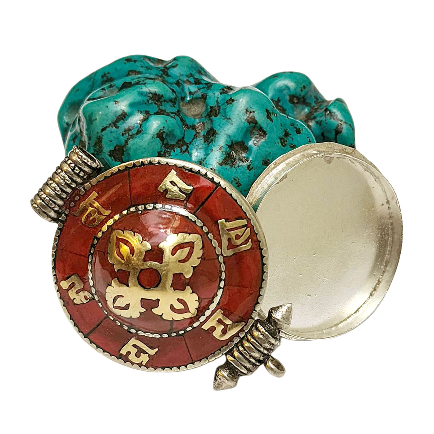 [ghau],tibetan Box With Omph Design And [double Dorje] In Middle, [stone Setting], [coral]