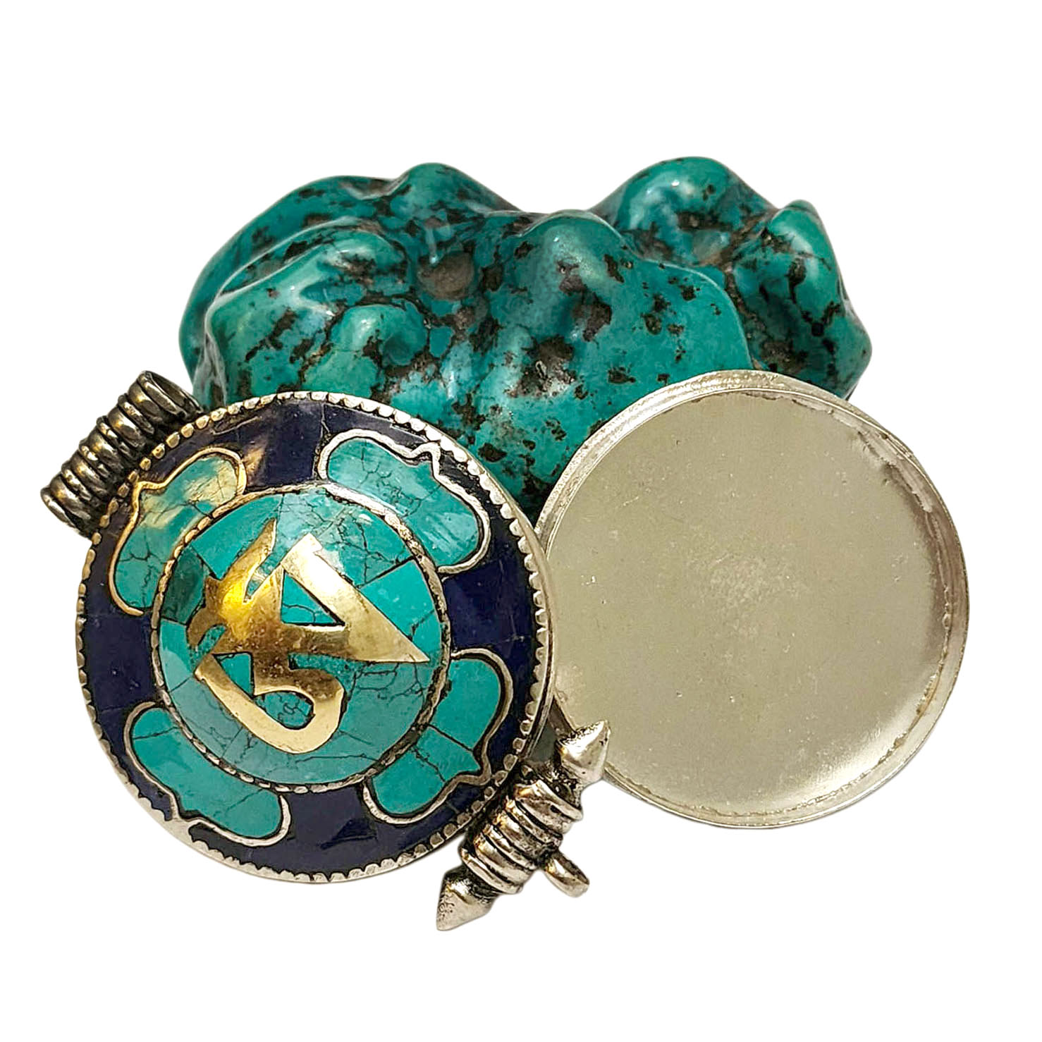 [ghau], Tibetan Box With [om], [stone Setting], [turquoise], [lapis]