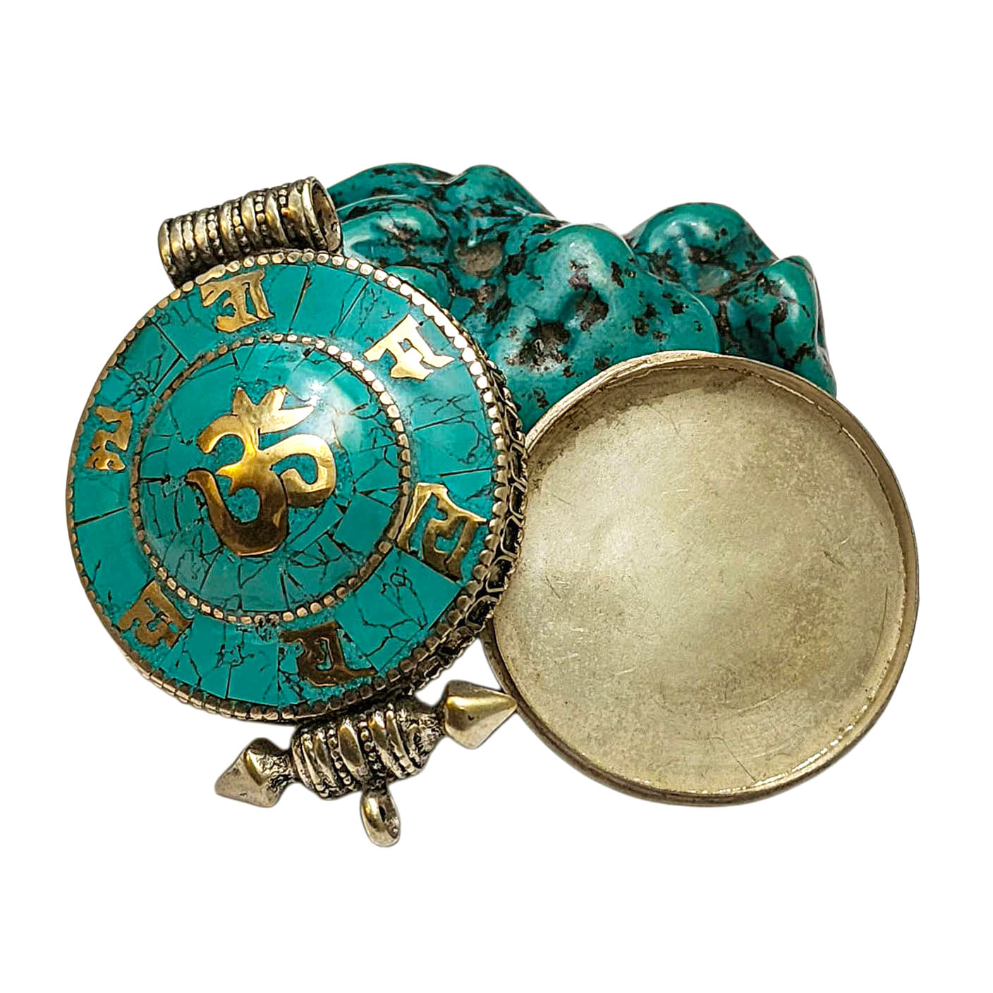 [ghau], Tibetan Box With Omph Design And [om Hindu] In Center, [stone Setting], [turquoise]