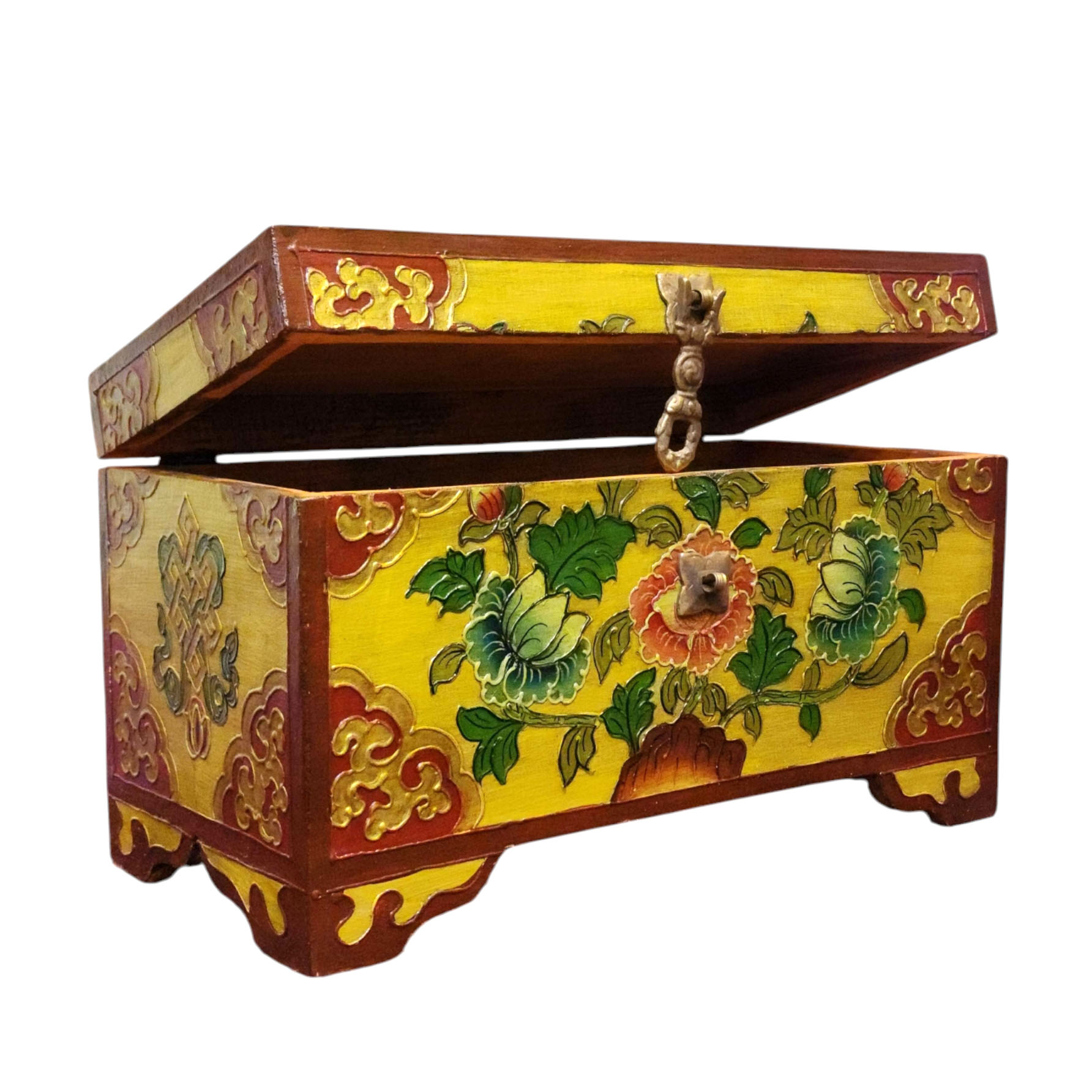 Buddhist Wooden Box With [lotus] Design, Tibetan Style With Traditional Colors