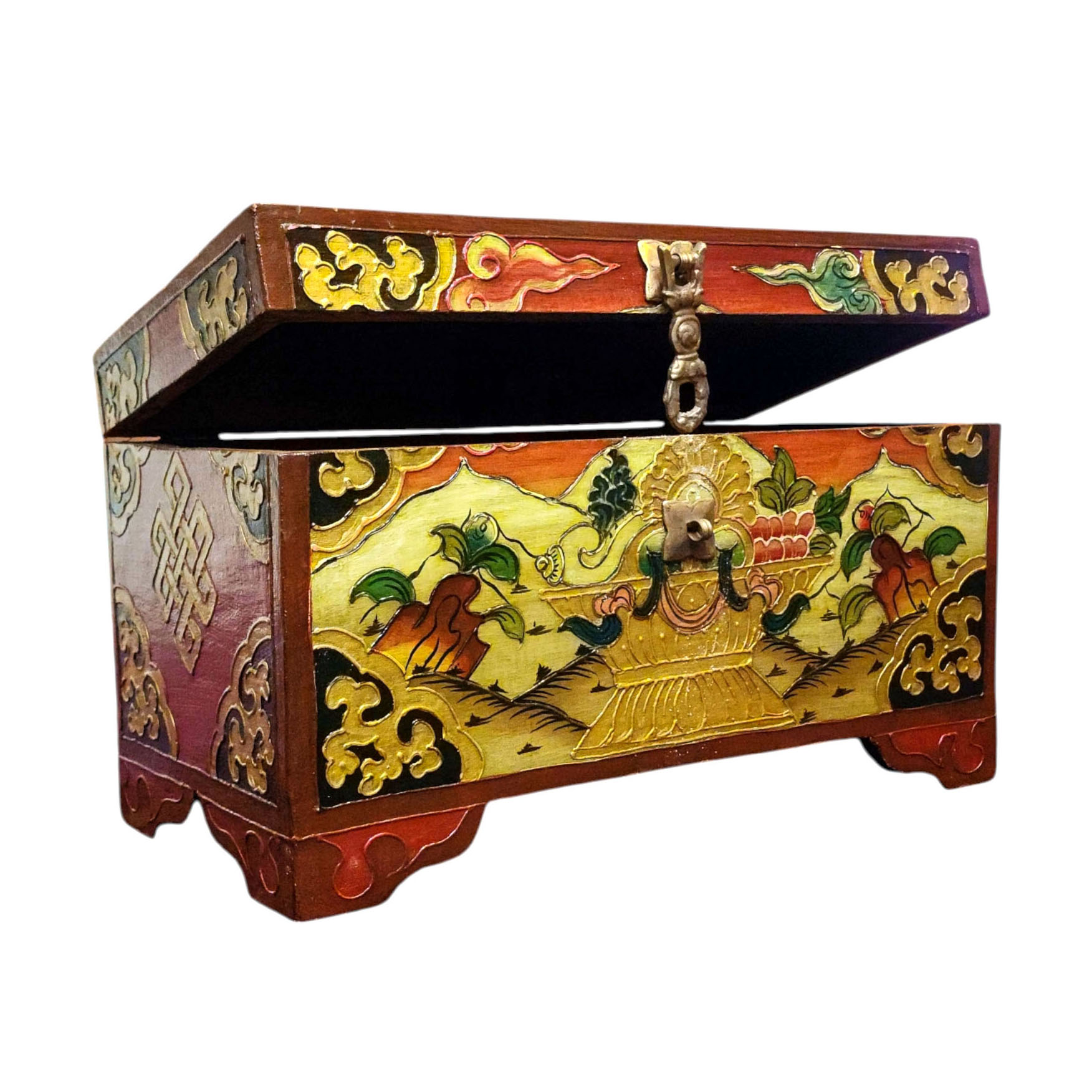 Buddhist Wooden Box With [conch Shell] Design, Tibetan Style With Traditional Colors