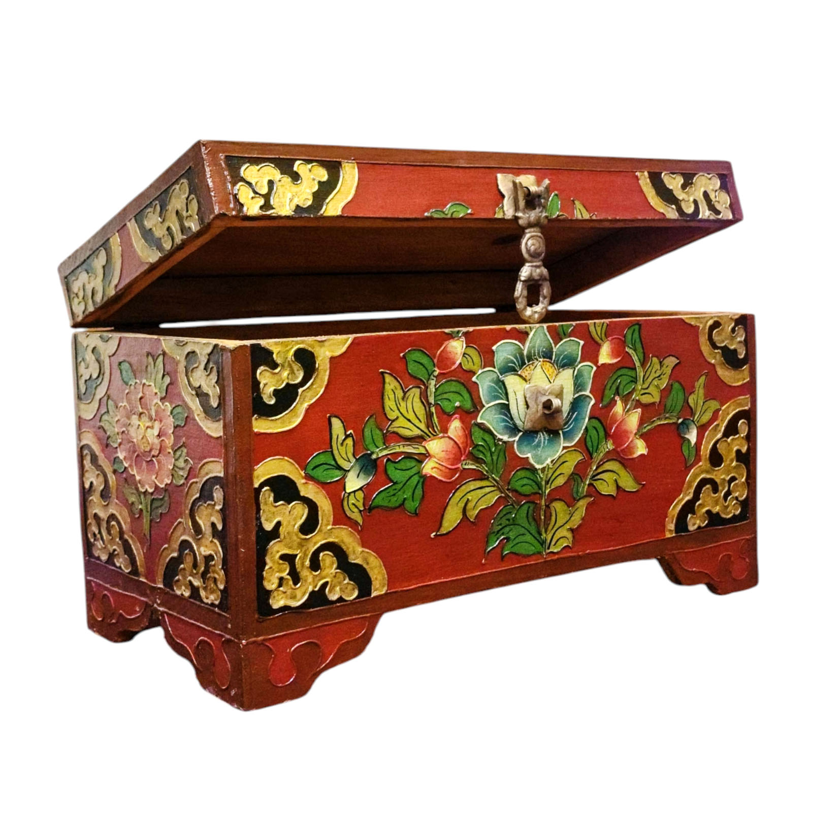 Buddhist Wooden Box With [lotus] Design, Tibetan Style With Traditional Colors