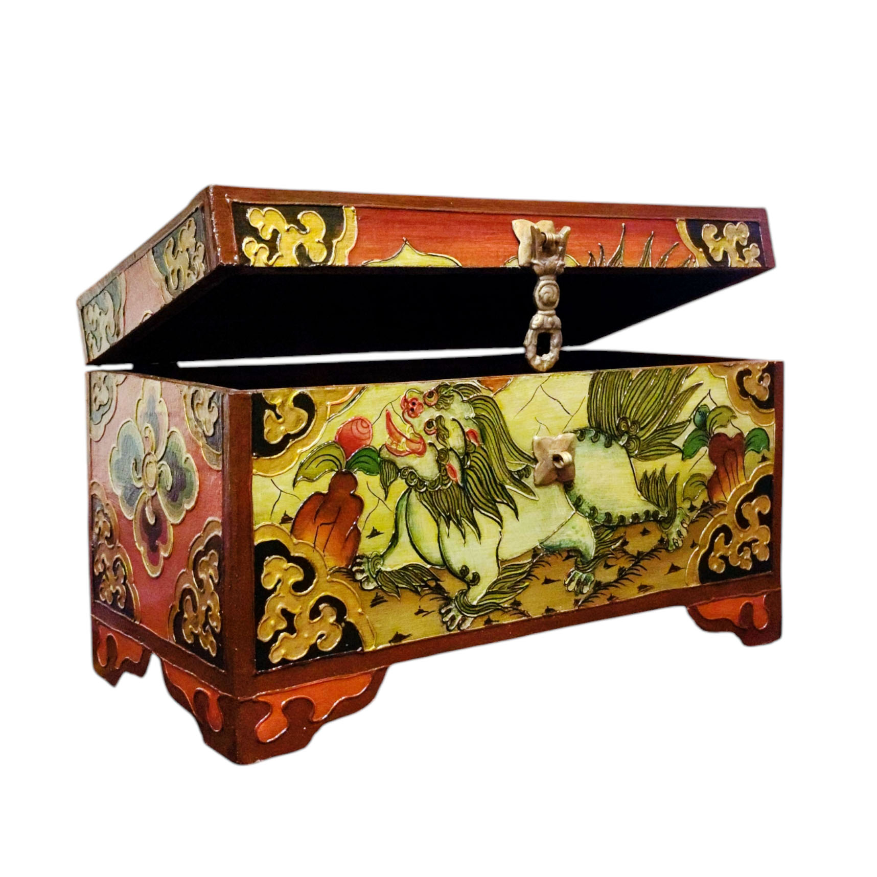Buddhist Wooden Box With [snow Lion] Design, Tibetan Style With Traditional Colors