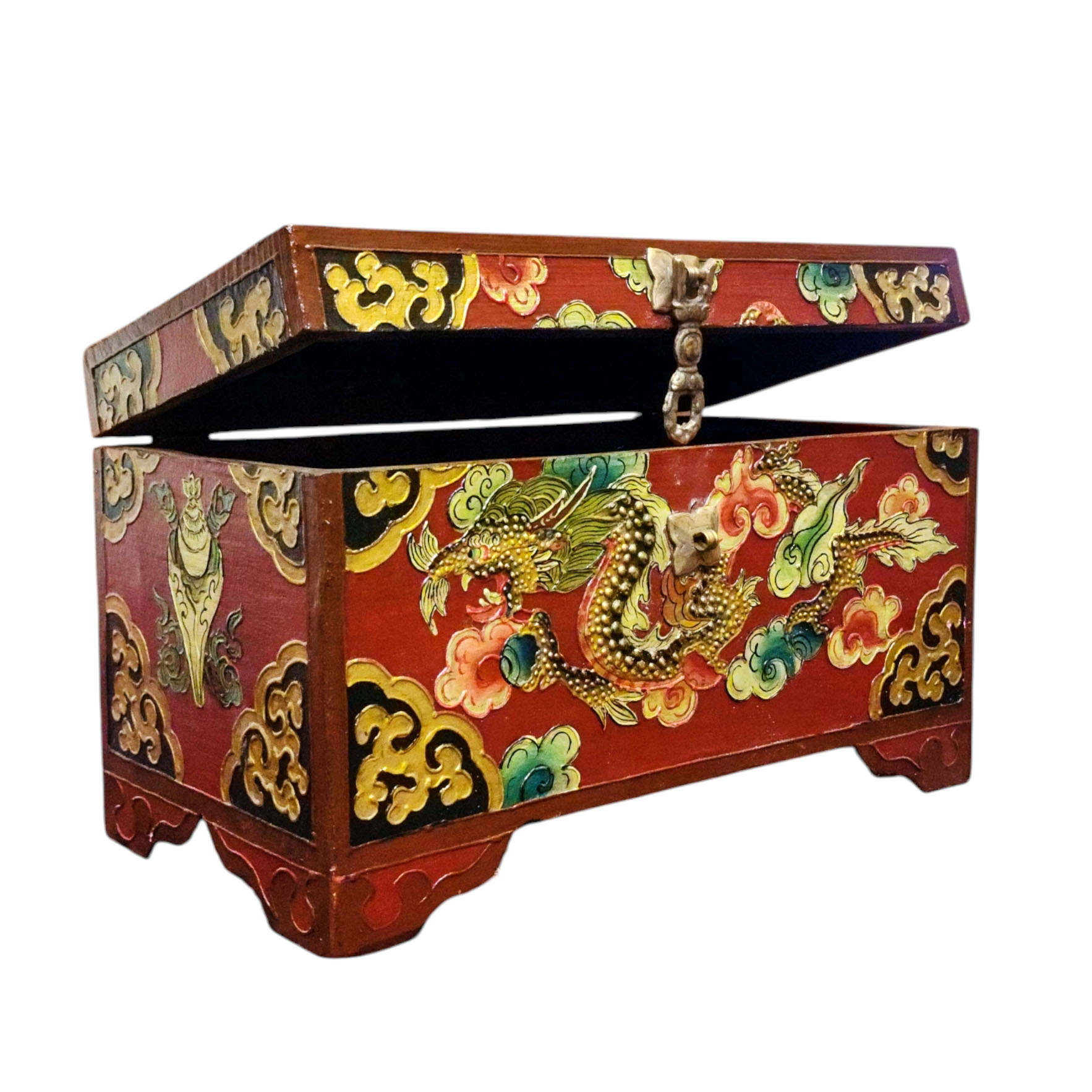 Buddhist Wooden Box With [dragon] Design, Tibetan Style With Traditional Colors