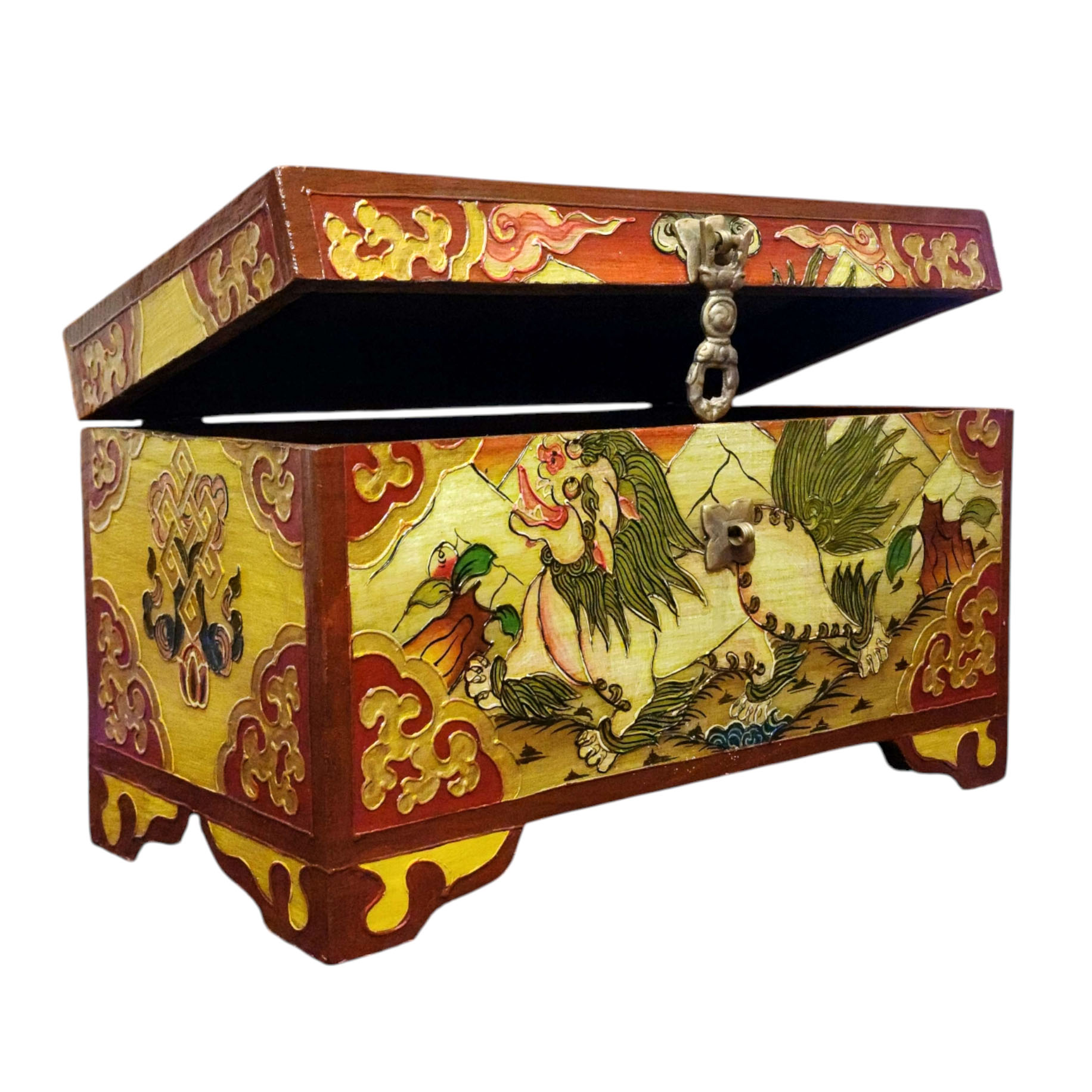 Buddhist Wooden Box With [snow Lion] Design, Tibetan Style With Traditional Colors