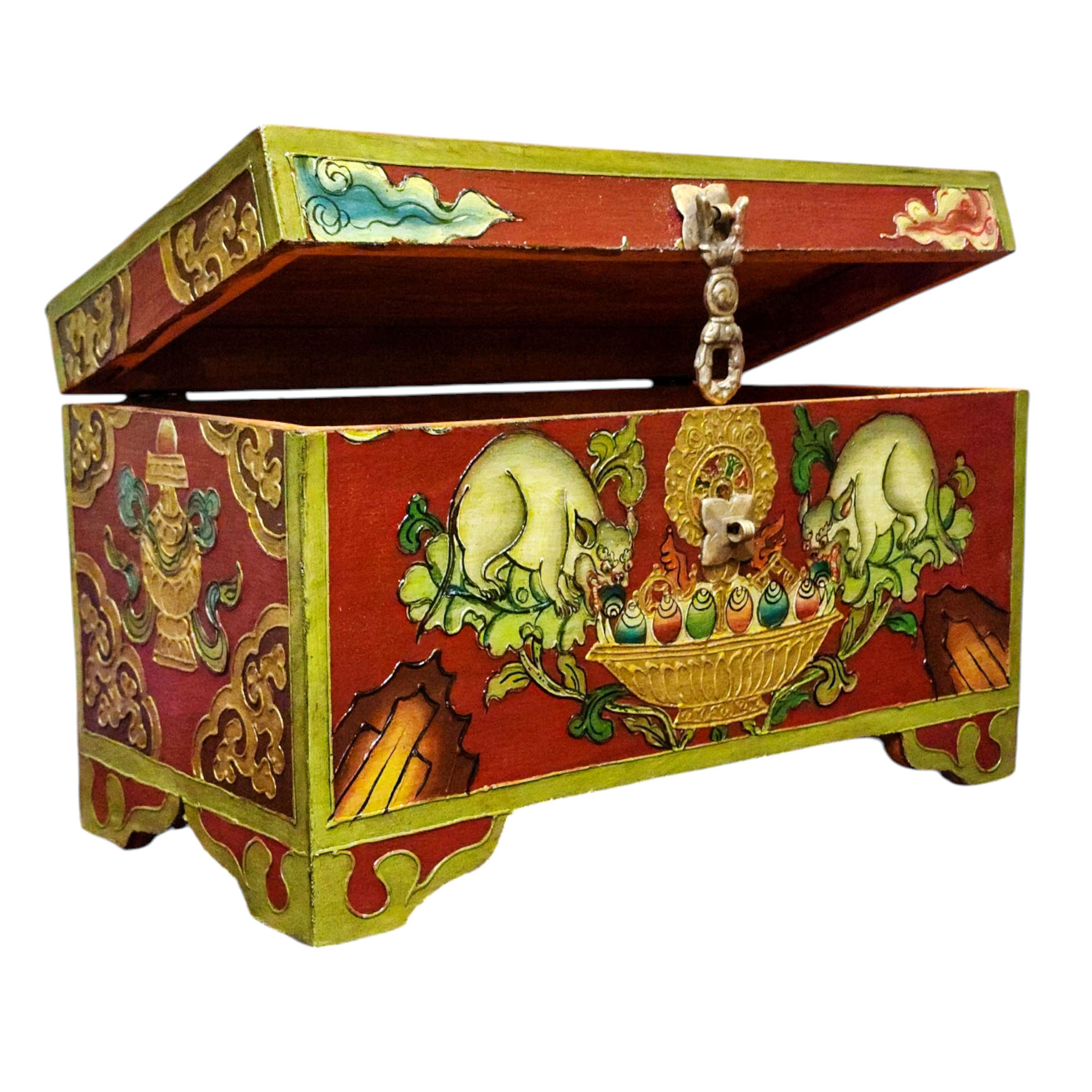 Buddhist Wooden Box With [animal] Design, Tibetan Style With Traditional Colors