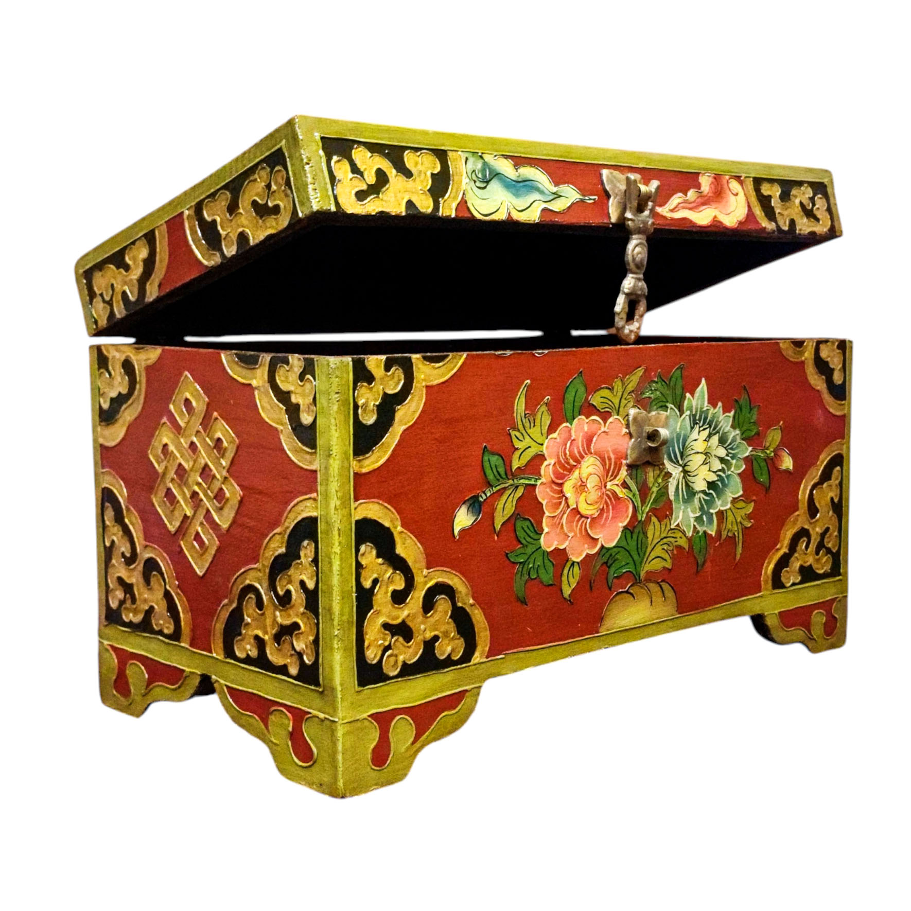 Buddhist Wooden Box With [lotus] Design, Tibetan Style With Traditional Colors