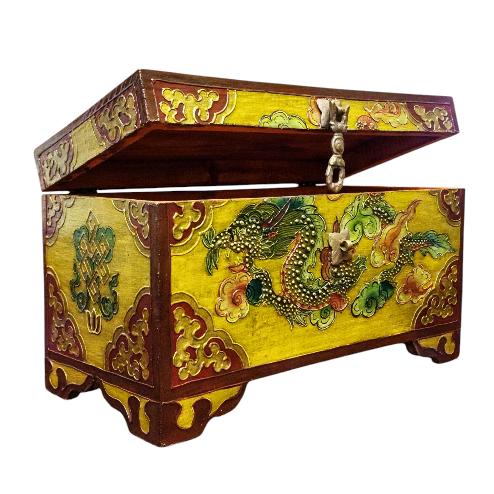Buddhist Wooden Box With [dragon] Design, Tibetan Style With Traditional Colors
