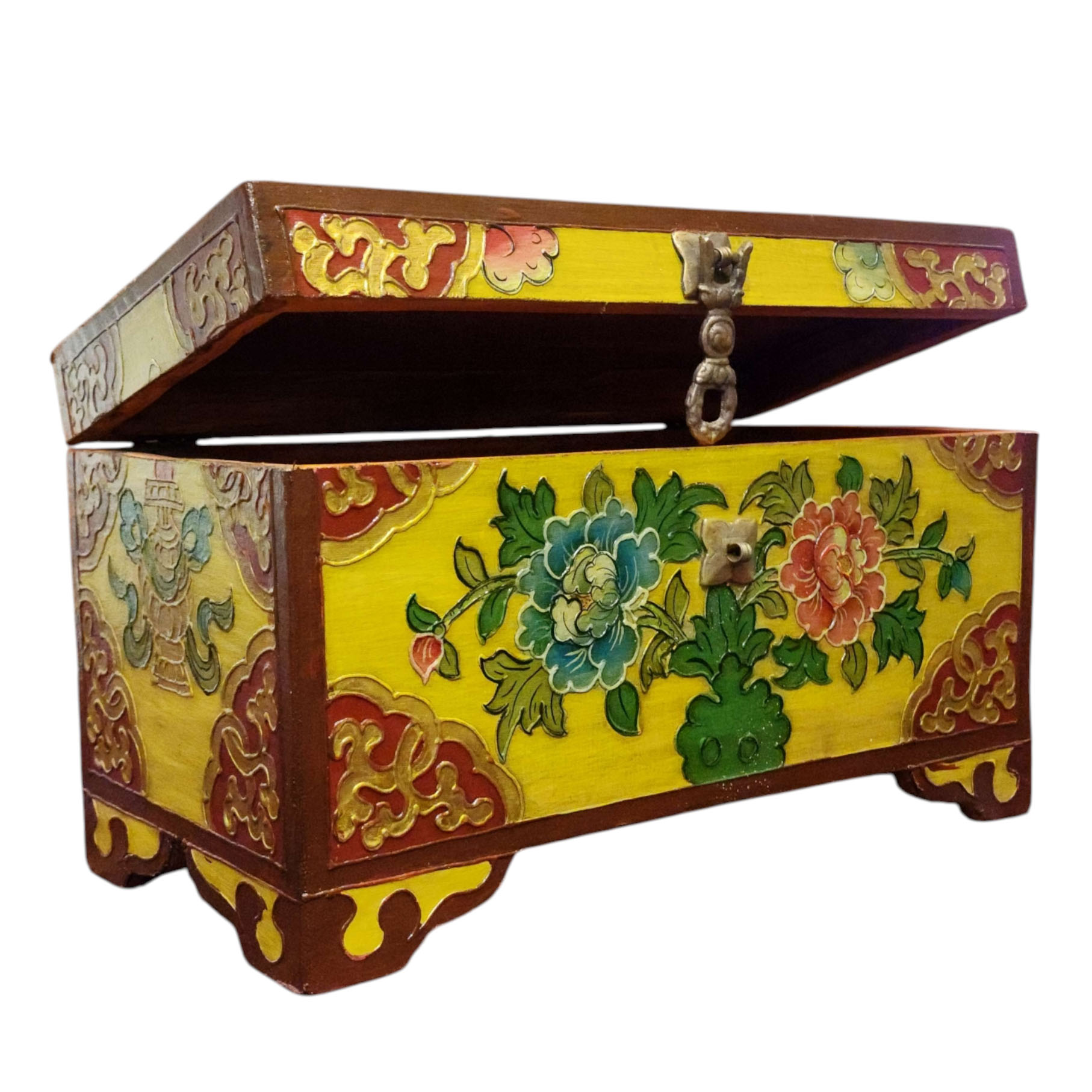 Buddhist Wooden Box With [lotus] Design, Tibetan Style With Traditional Colors