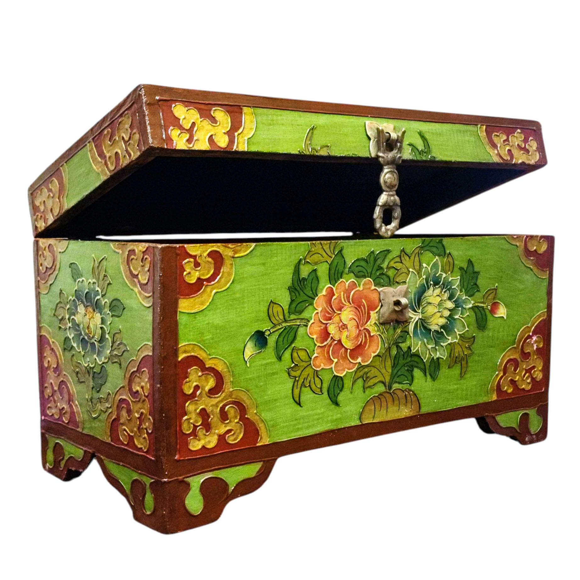 Buddhist Wooden Box With [lotus] Design, Tibetan Style With Traditional Colors