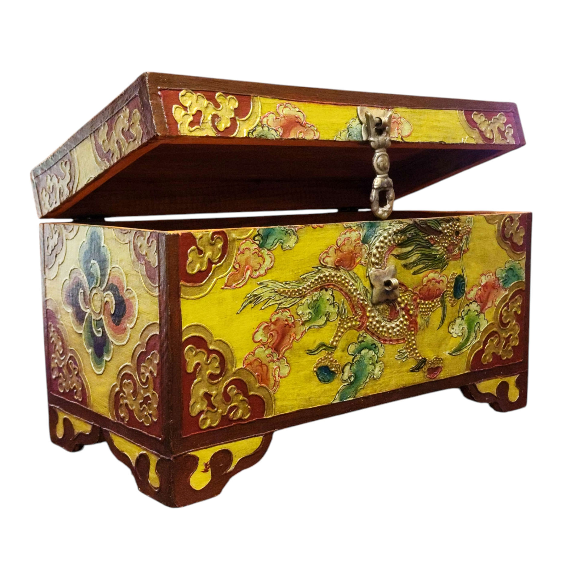 Buddhist Wooden Box With [dragon] Design, Tibetan Style With Traditional Colors