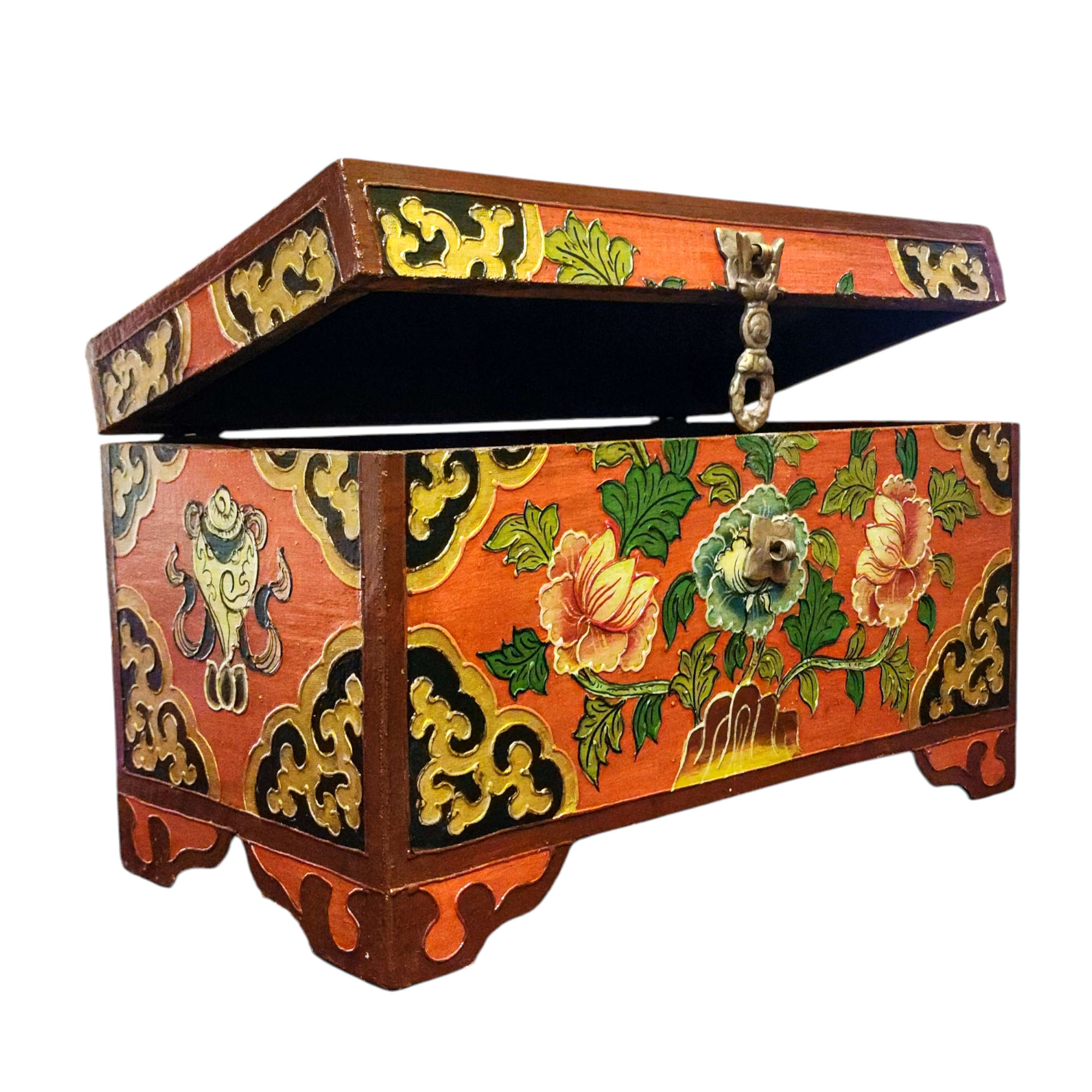 Buddhist Wooden Box With [lotus] Design, Tibetan Style With Traditional Colors