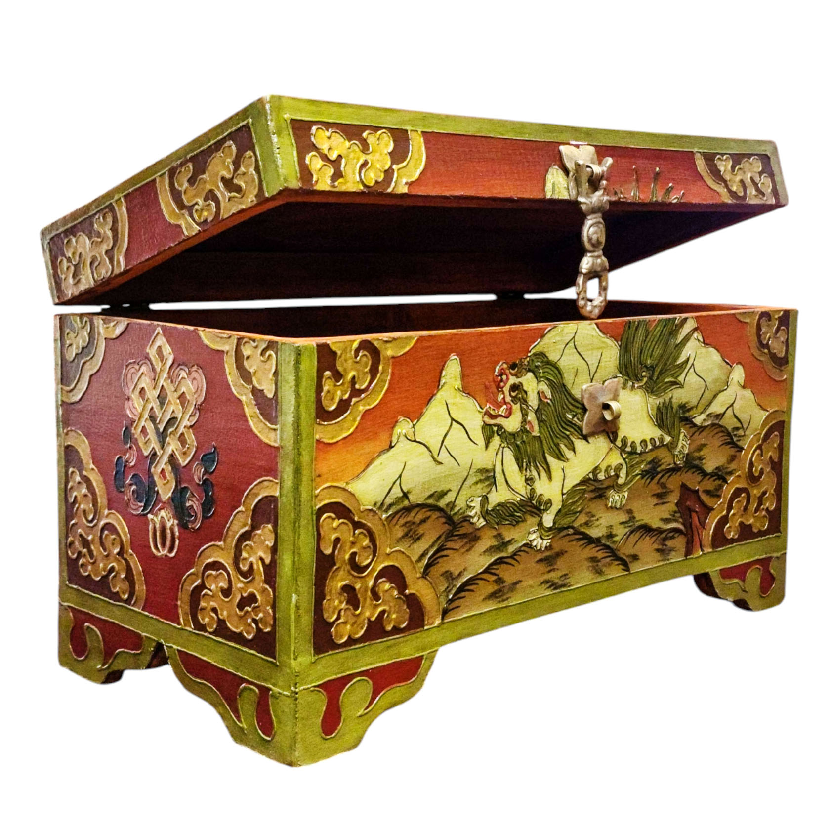 Buddhist Wooden Box With [snow Lion] Design, Tibetan Style With Traditional Colors