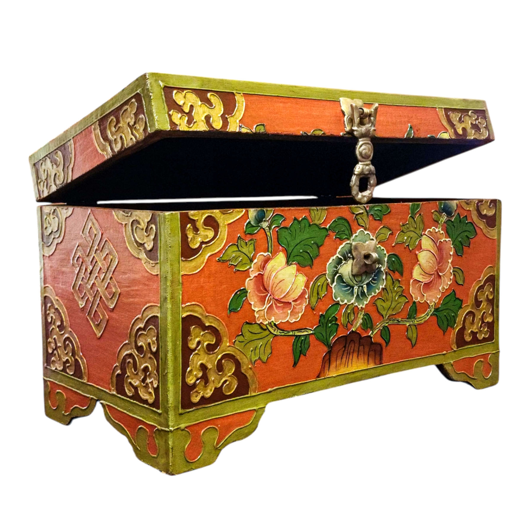 Buddhist Wooden Box With [lotus] Design, Tibetan Style With Traditional Colors