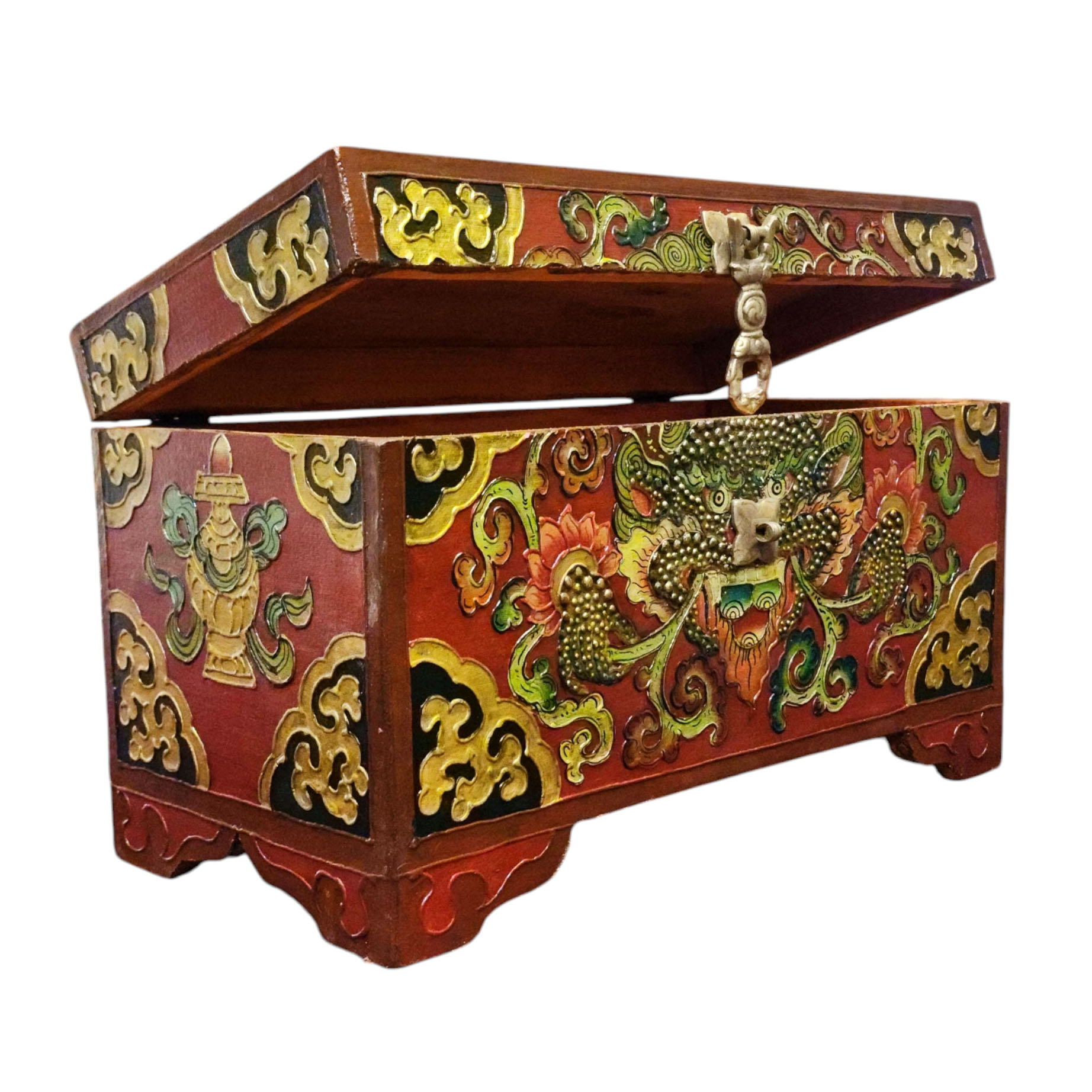 Buddhist Wooden Box With [cheppu] Design, Tibetan Style With Traditional Colors