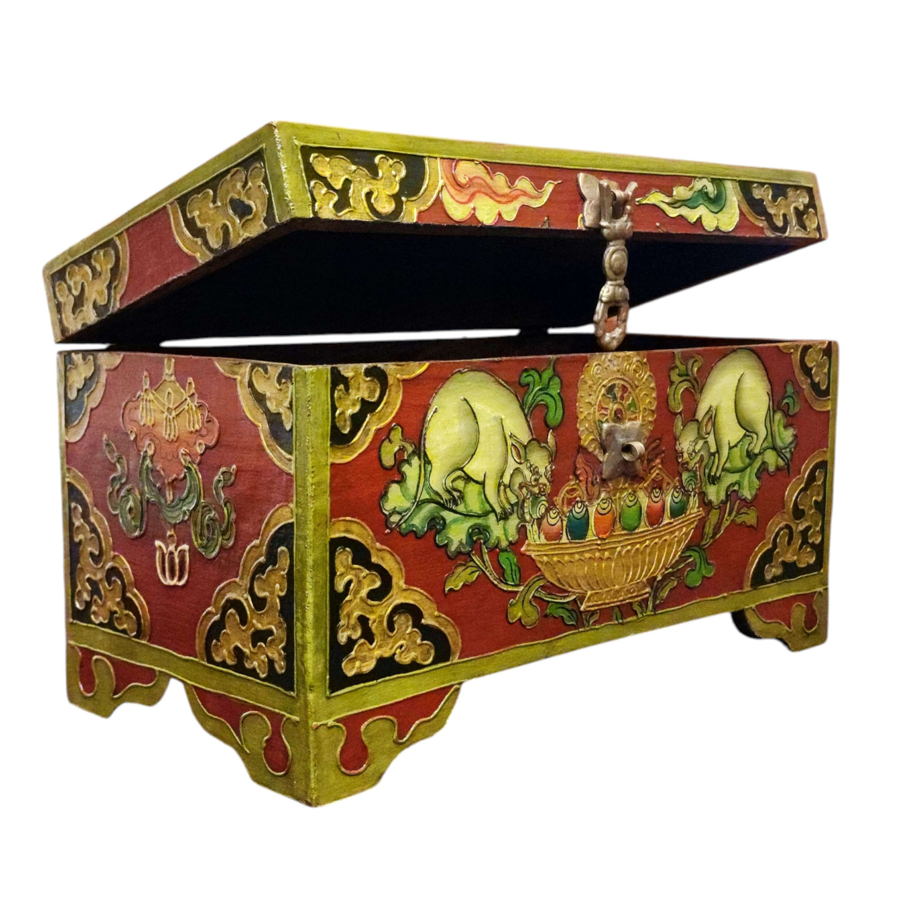 Buddhist Wooden Box With [animal] Design, Tibetan Style With Traditional Colors