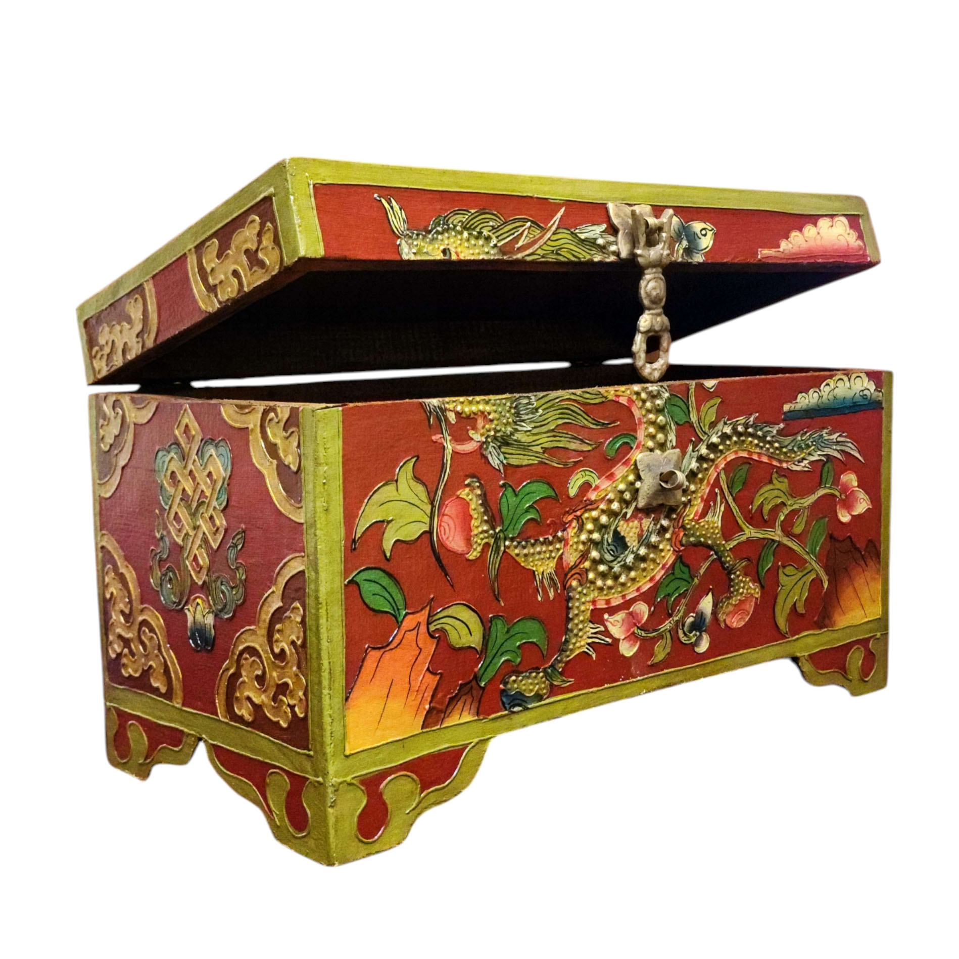 Buddhist Wooden Box With [dragon] Design, Tibetan Style With Traditional Colors