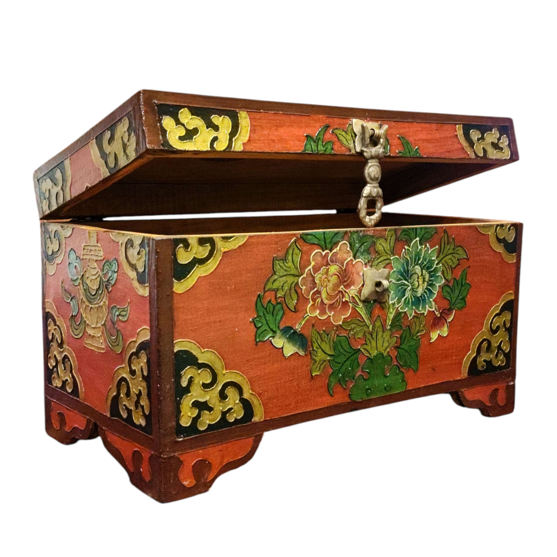 Buddhist Wooden Box With [lotus] Design, Tibetan Style With Traditional Colors