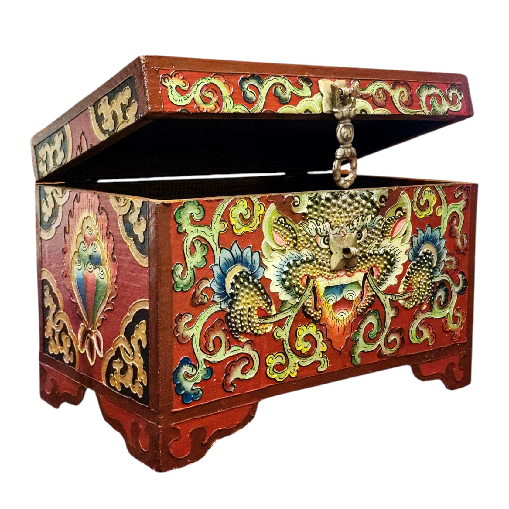 Buddhist Wooden Box With [cheppu] Design, Tibetan Style With Traditional Colors