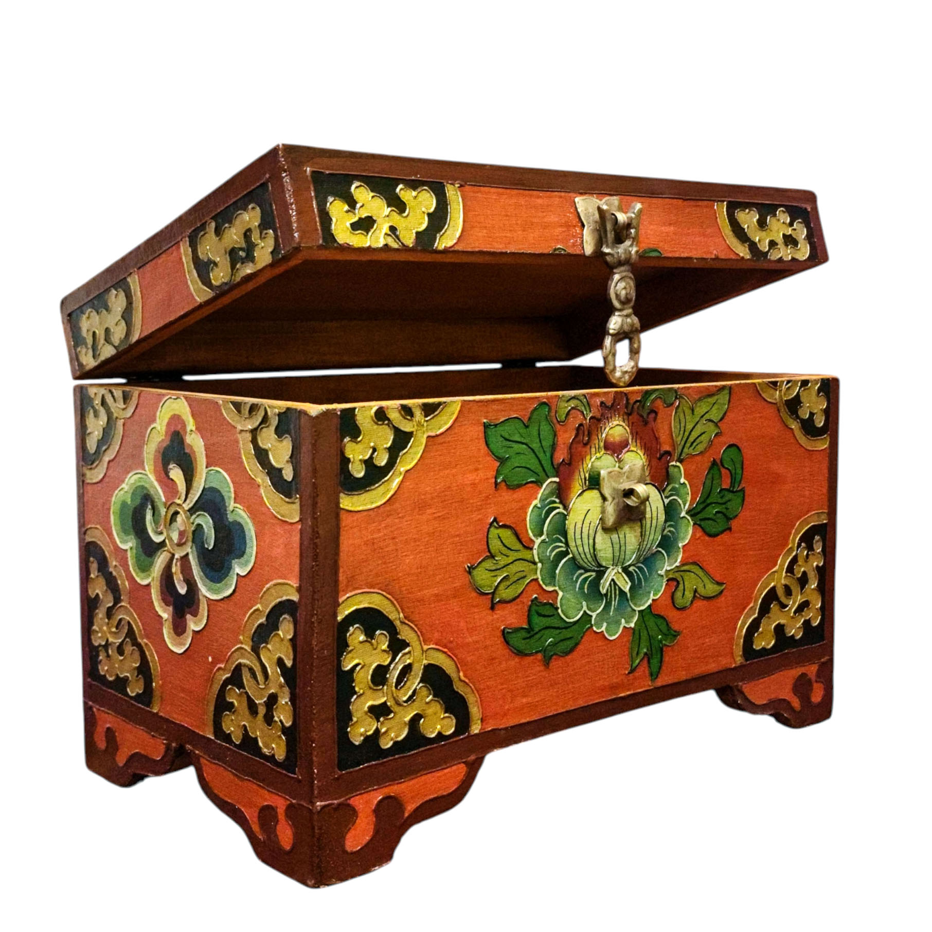 Buddhist Wooden Box With [lotus] Design, Tibetan Style With Traditional Colors