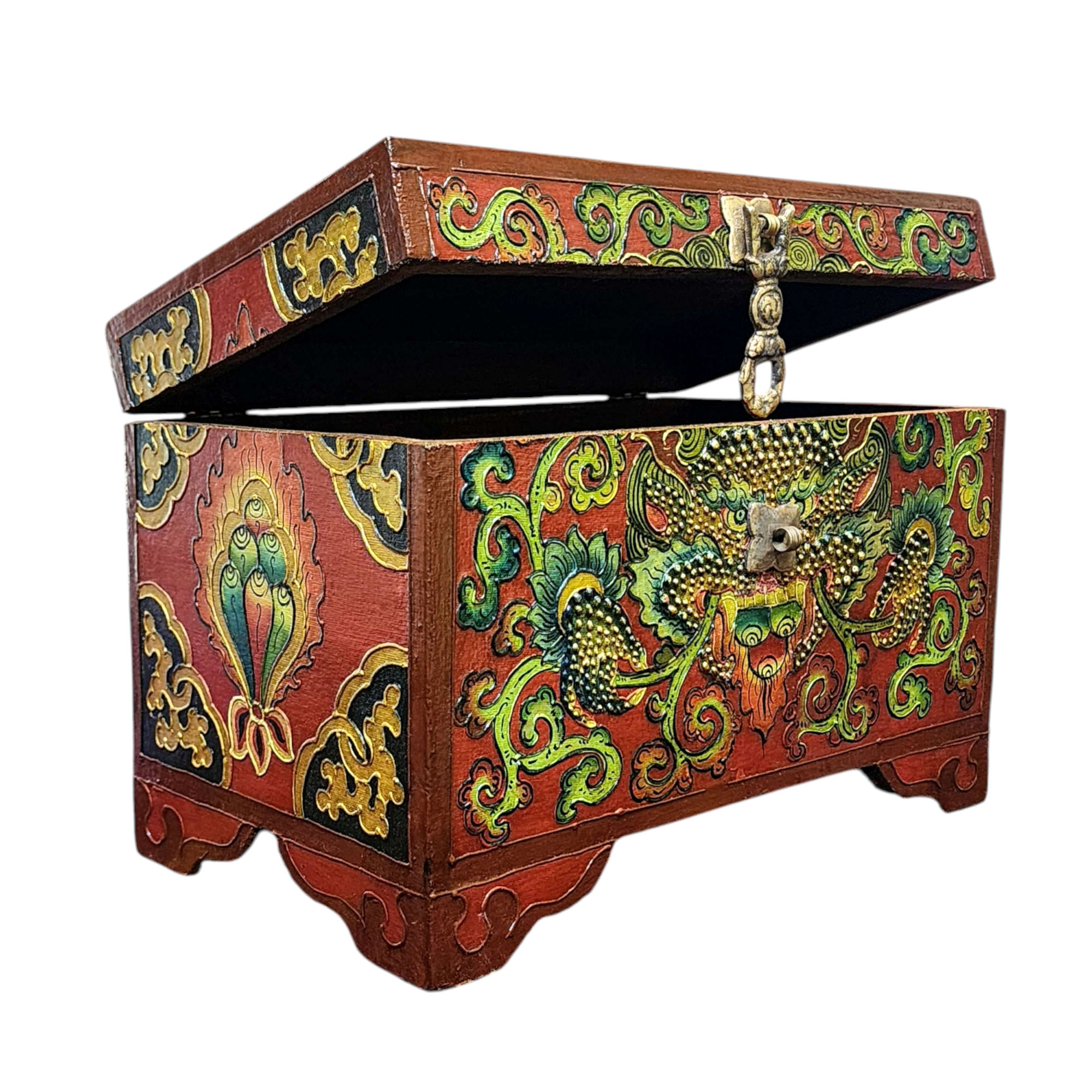 Buddhist Wooden Box With [cheppu] Design, Tibetan Style With Traditional Colors