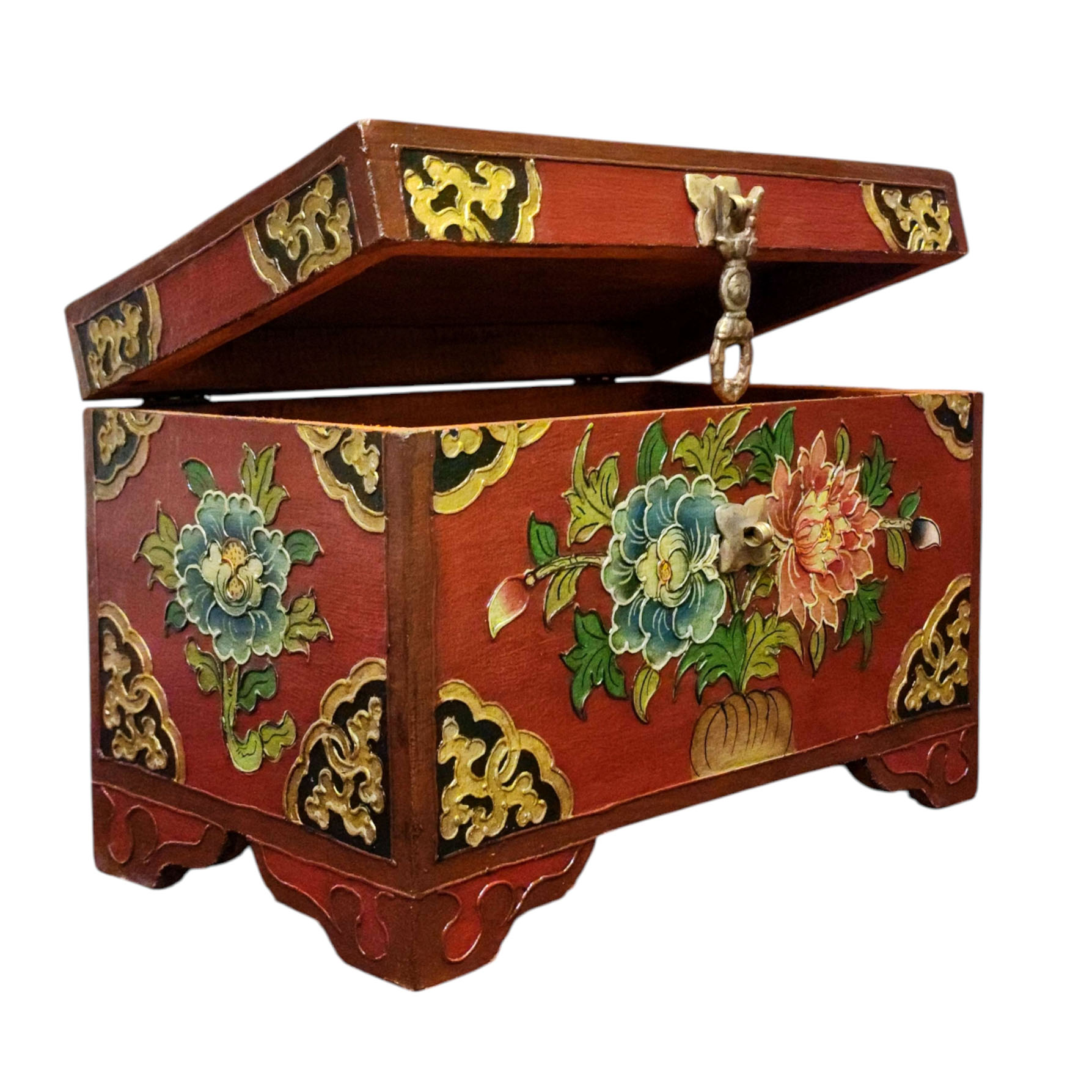 Buddhist Wooden Box With [lotus] Design, Tibetan Style With Traditional Colors