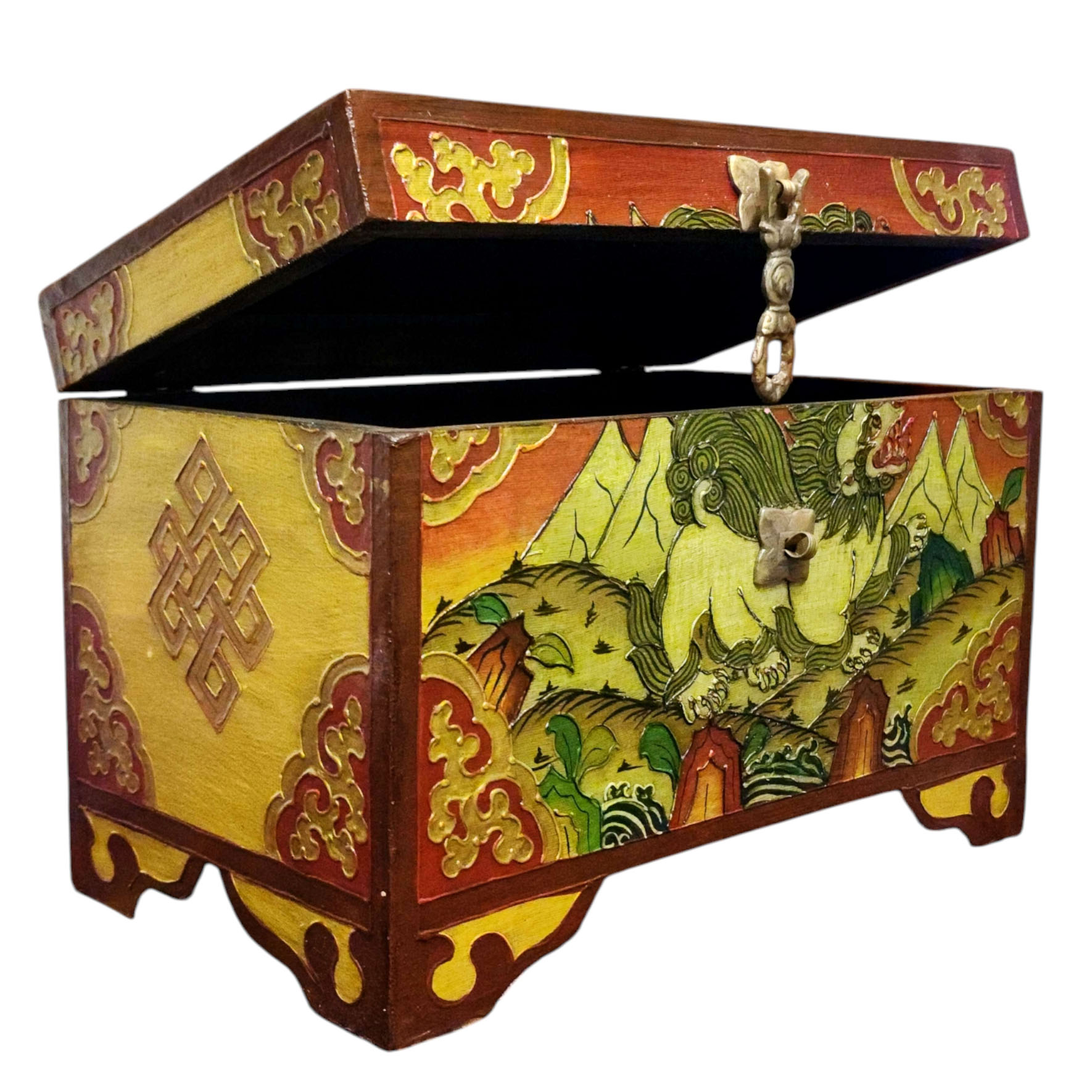 Buddhist Wooden Box With [snow Lion] Design, Tibetan Style With Traditional Colors