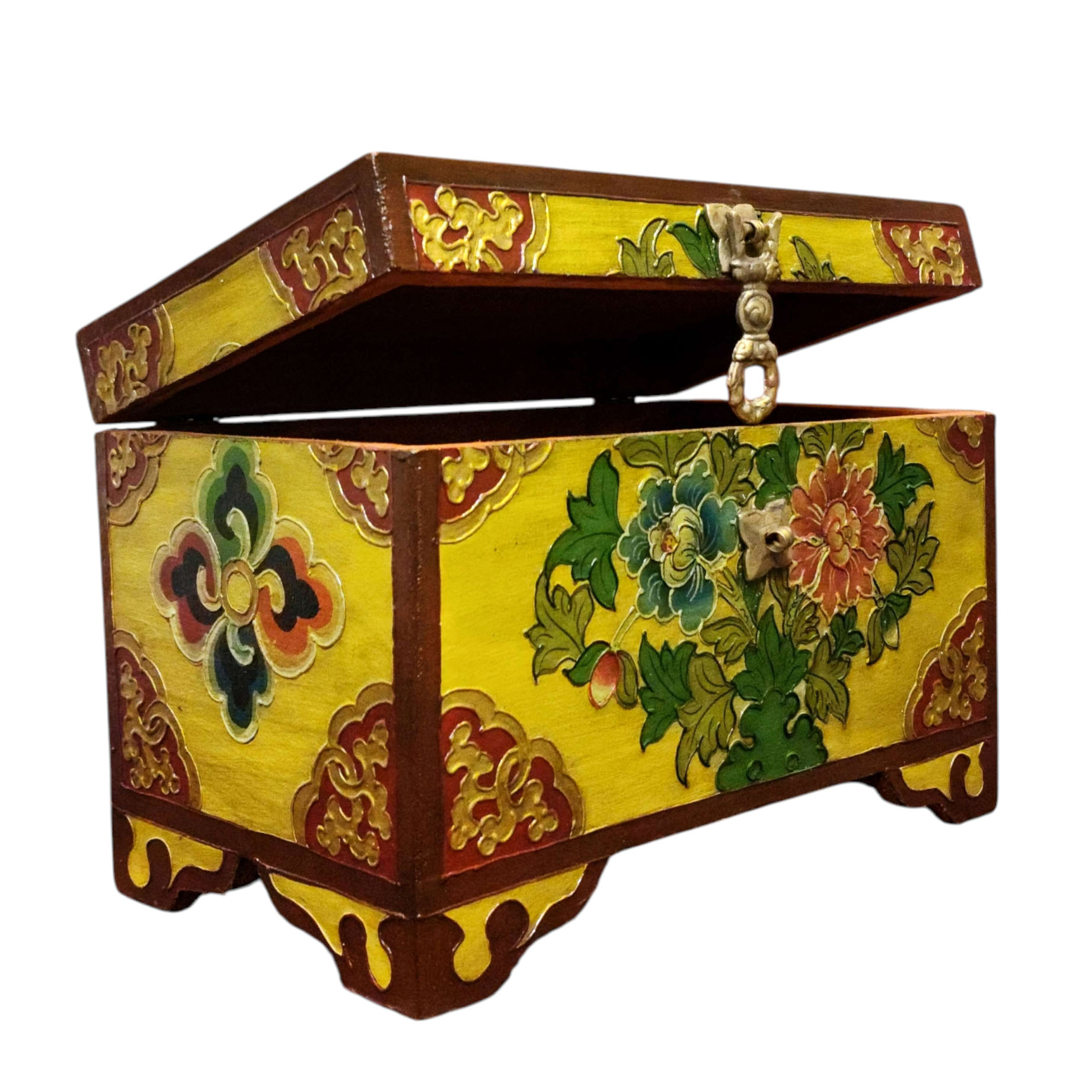 Buddhist Wooden Box With [flower] Design, Tibetan Style With Traditional Colors