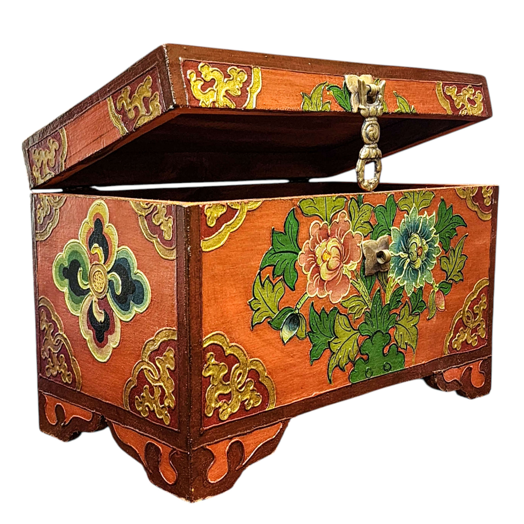 Buddhist Wooden Box With [lotus] Design, Tibetan Style With Traditional Colors