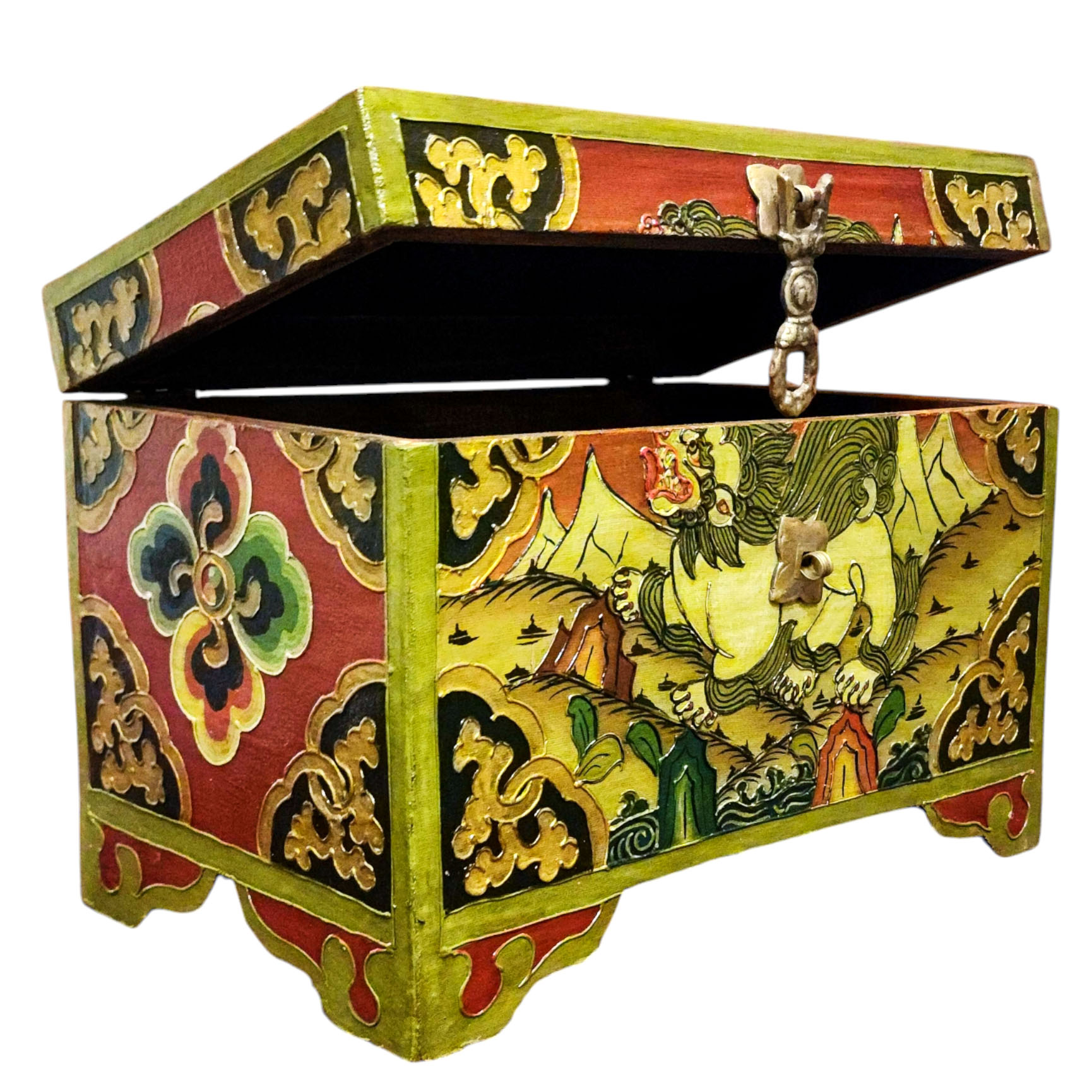 Buddhist Wooden Box With [snow Lion] Design, Tibetan Style With Traditional Colors